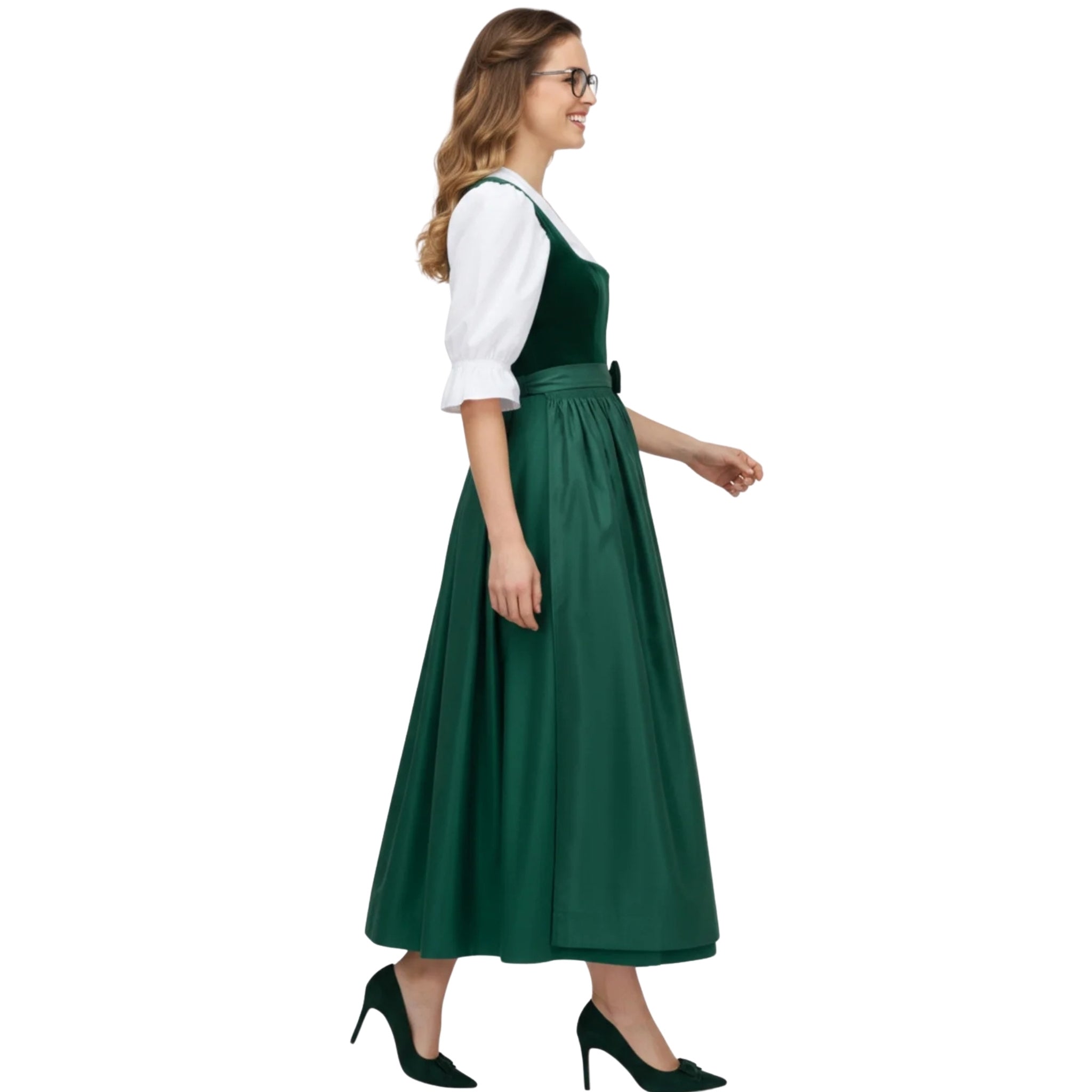 Emerald Green Velvet Dirndl Dress with White Blouse