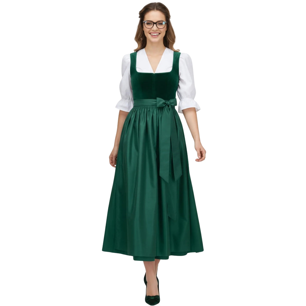 Emerald Green Velvet Dirndl Dress with White Blouse