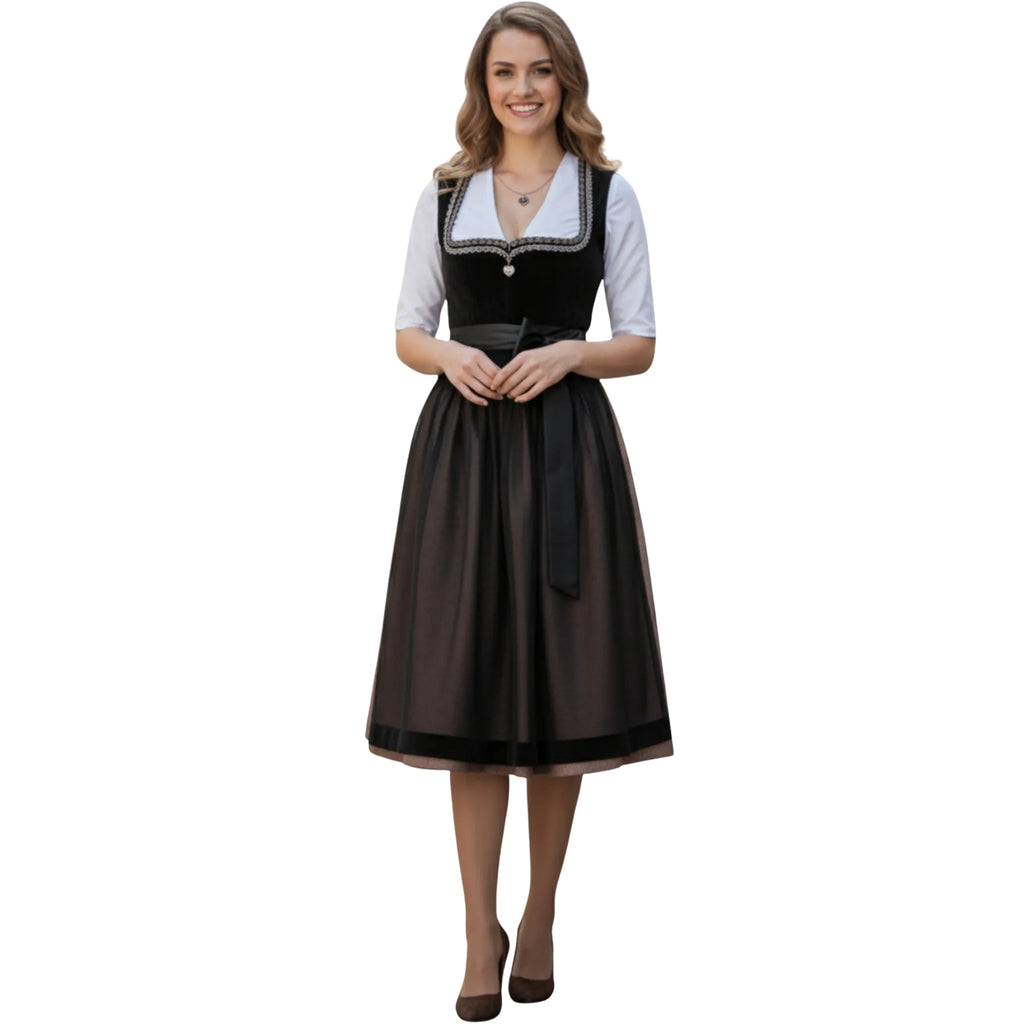 Black Velvet Dirndl Dress with Sheer Overlay Skirt