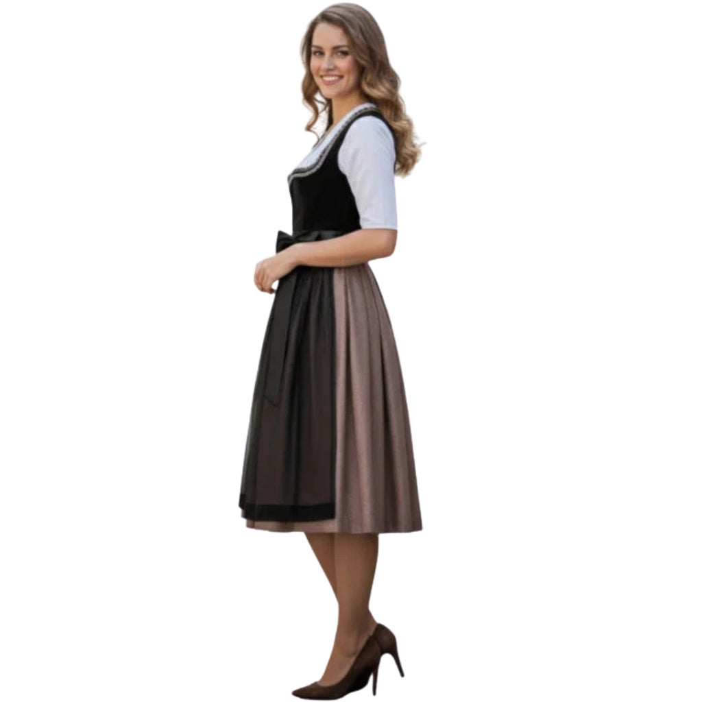 Black Velvet Dirndl Dress with Sheer Overlay Skirt