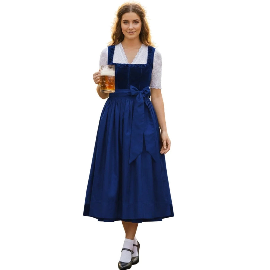 Navy blue velvet dirndl dress with lace trim, front view