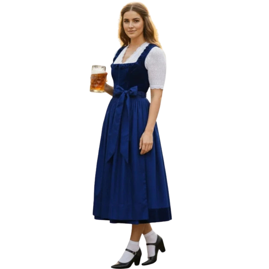 Navy blue velvet dirndl dress with white lace blouse, side view