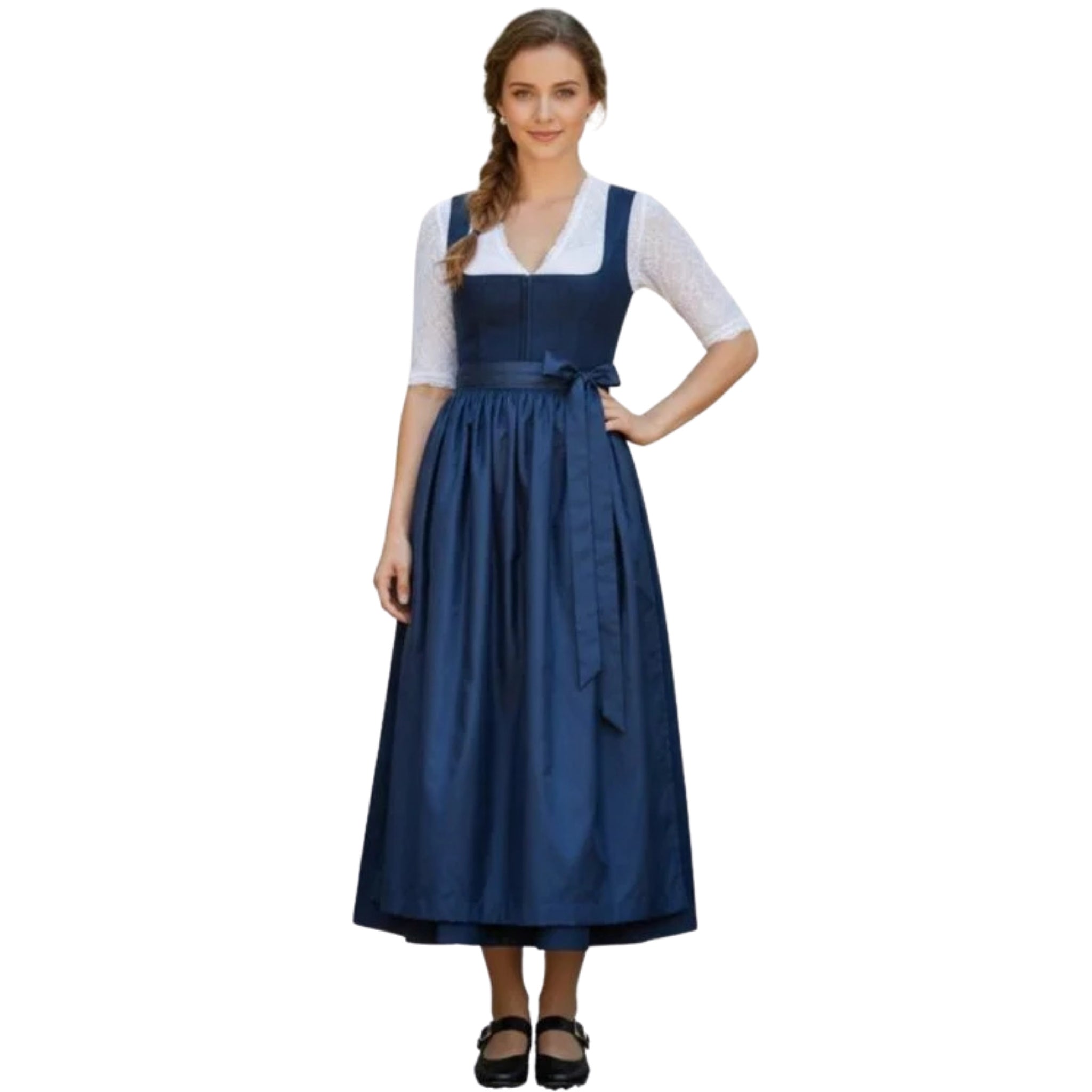 Navy blue velvet dirndl dress bodice and lace trim detail
