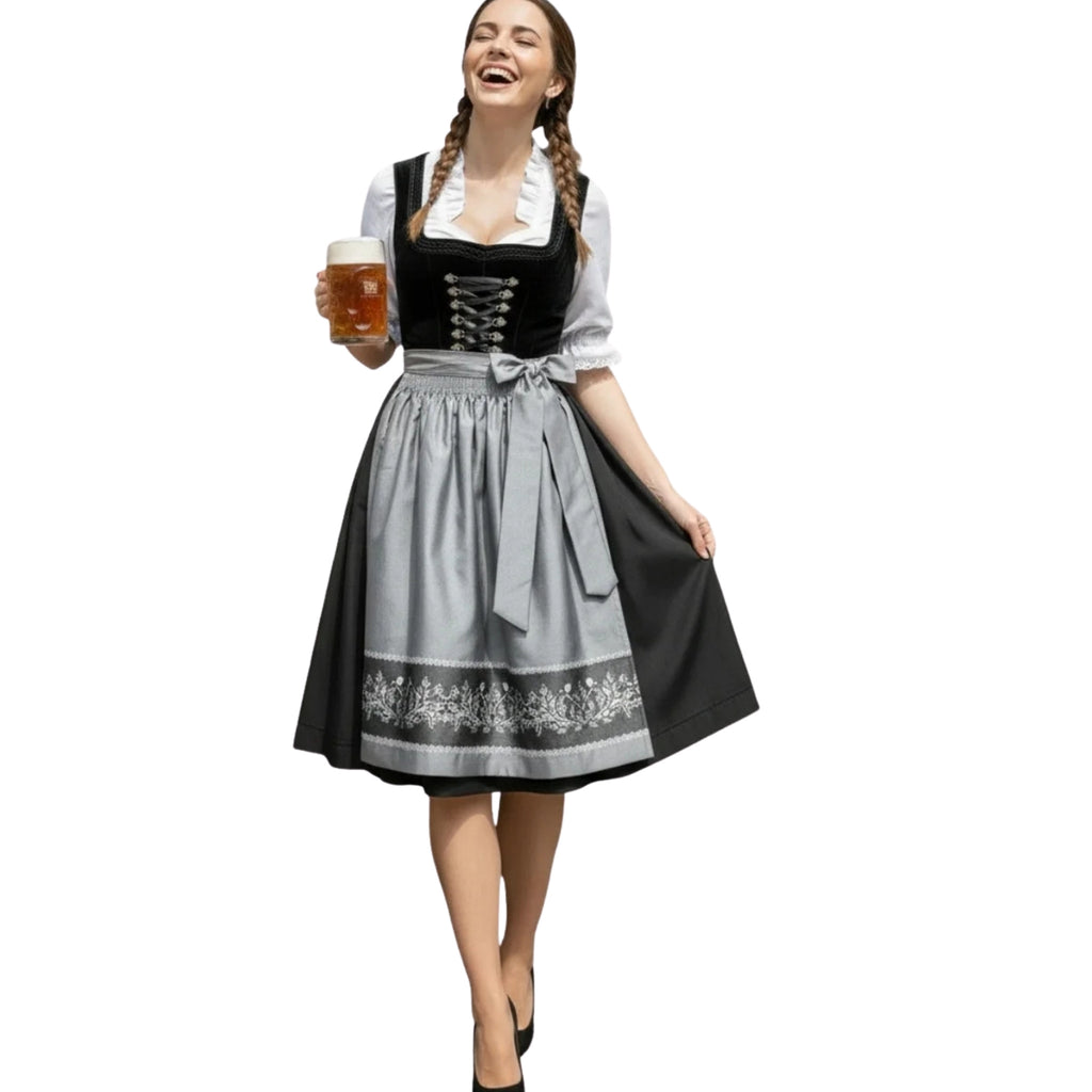 Black Dirndl Dress with Grey Embroidered Apron