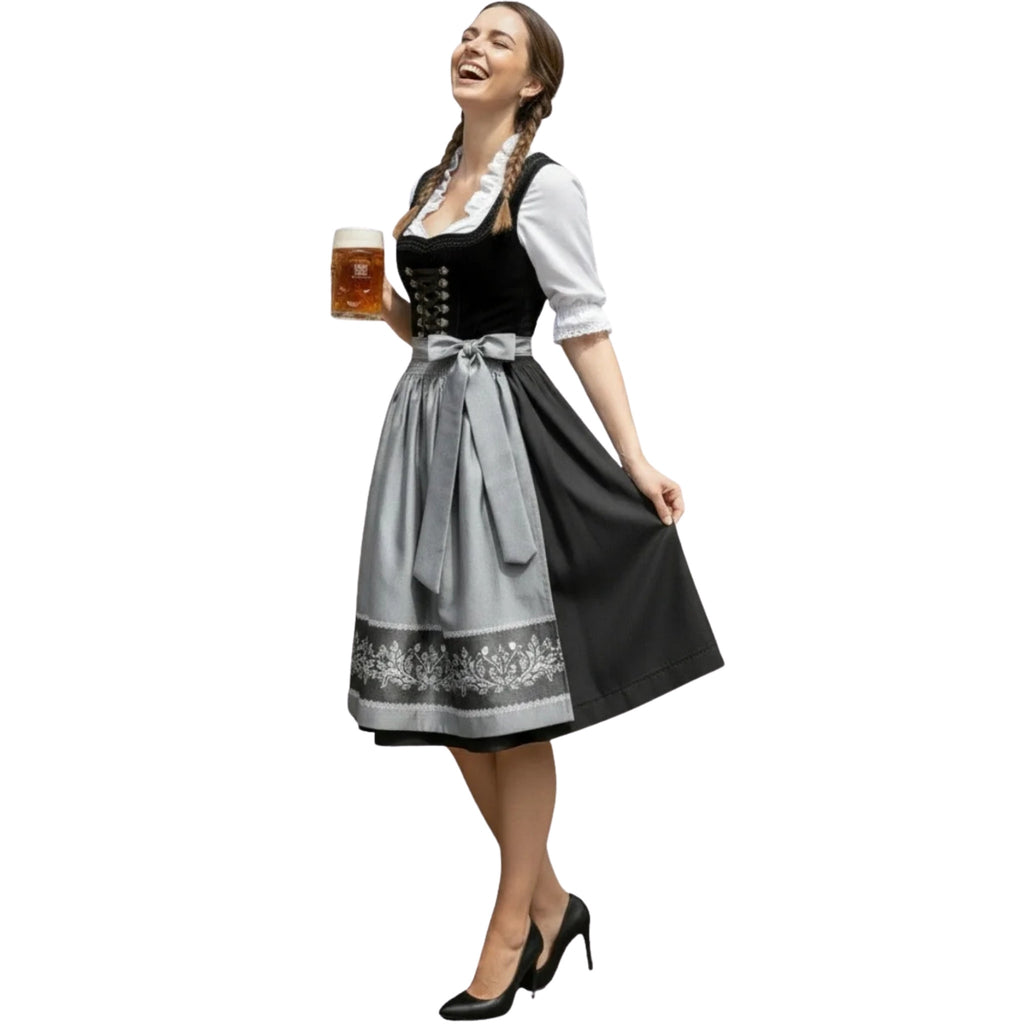Black Dirndl Dress with Grey Embroidered Apron