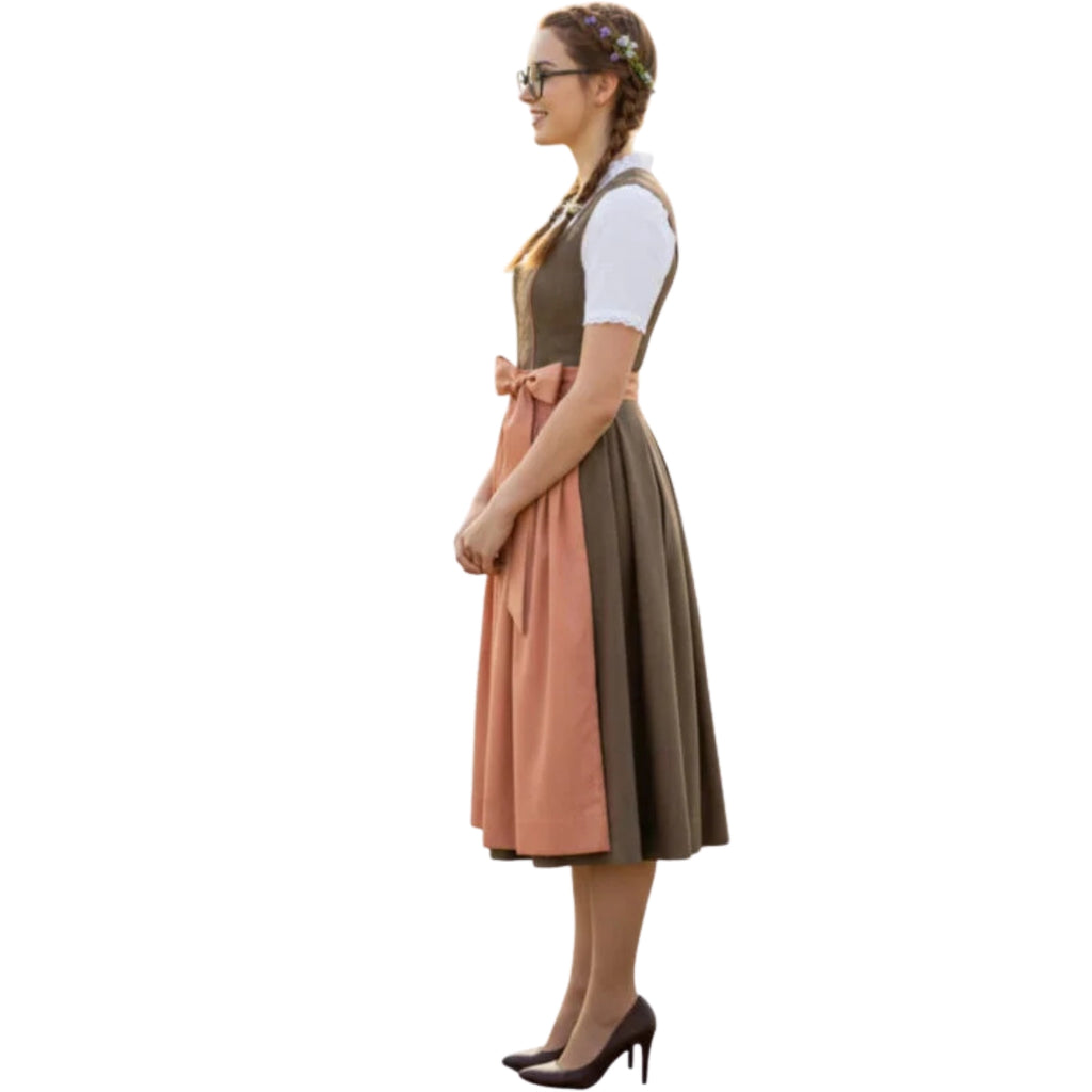 Olive Green Floral Dirndl Dress with Blush Apron