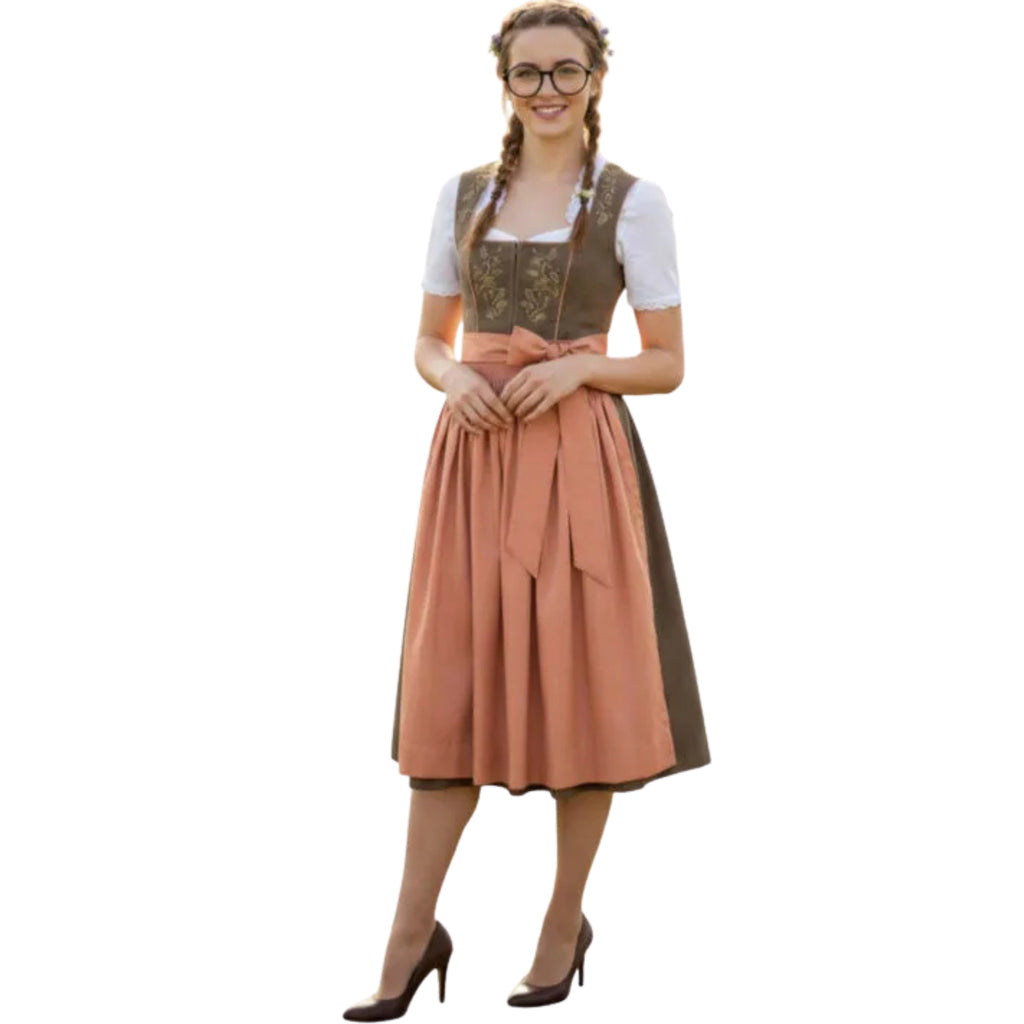 Olive Green Floral Dirndl Dress with Blush Apron