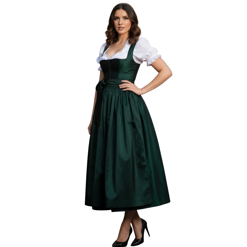 Forest Green Satin Dirndl Dress with Sash Bow