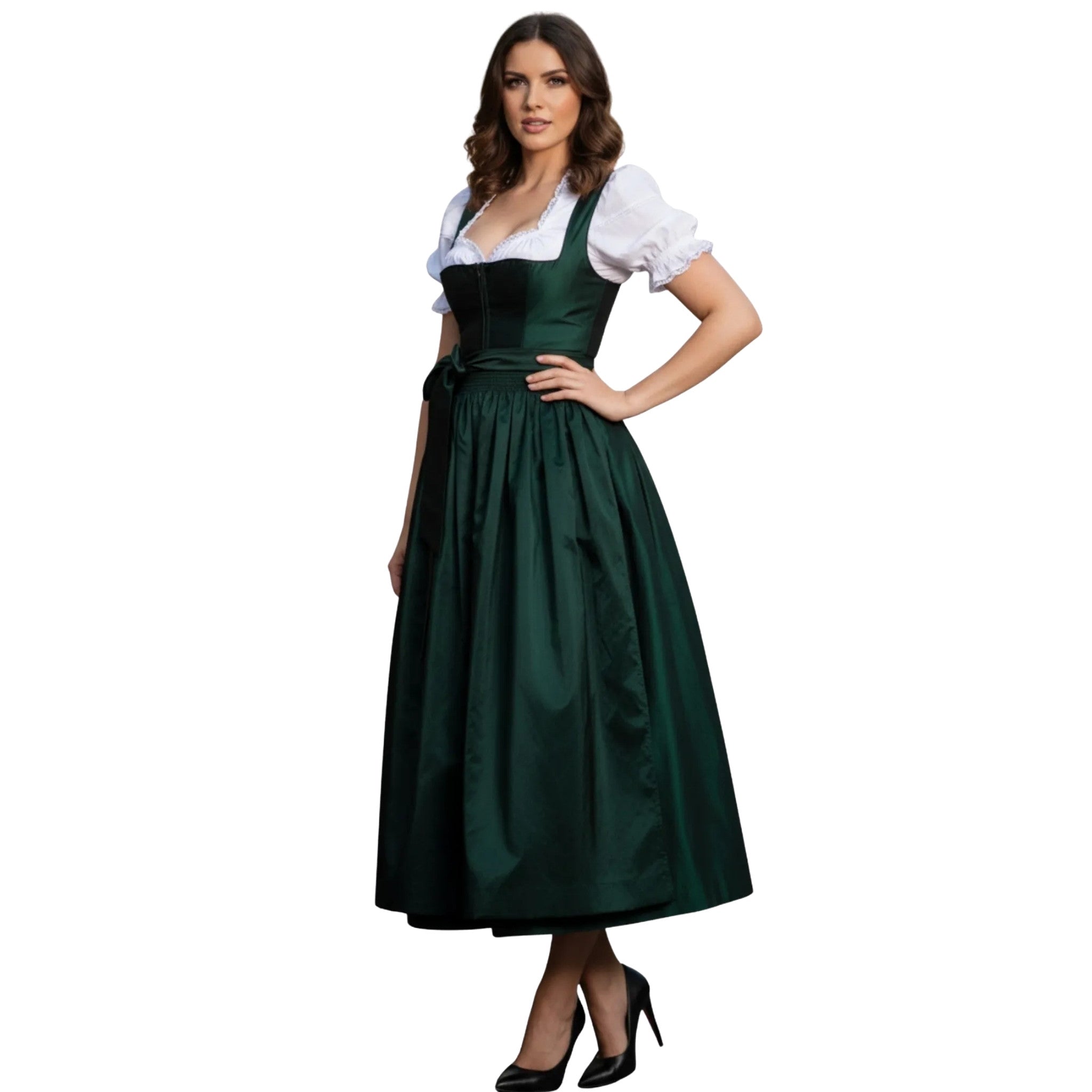 Forest Green Satin Dirndl Dress with Sash Bow