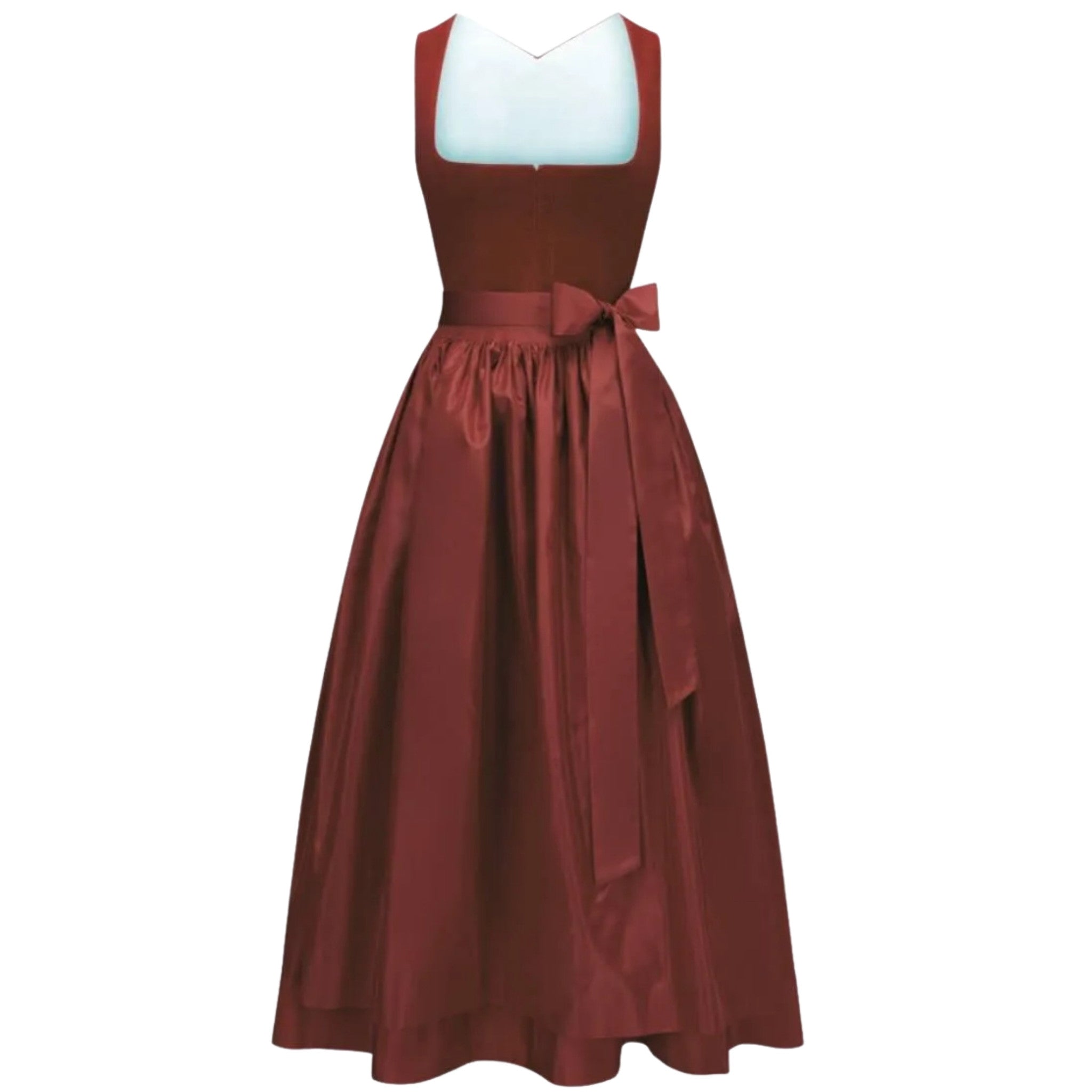 Burgundy Satin Midi Dress with Bow Waist and V-Back