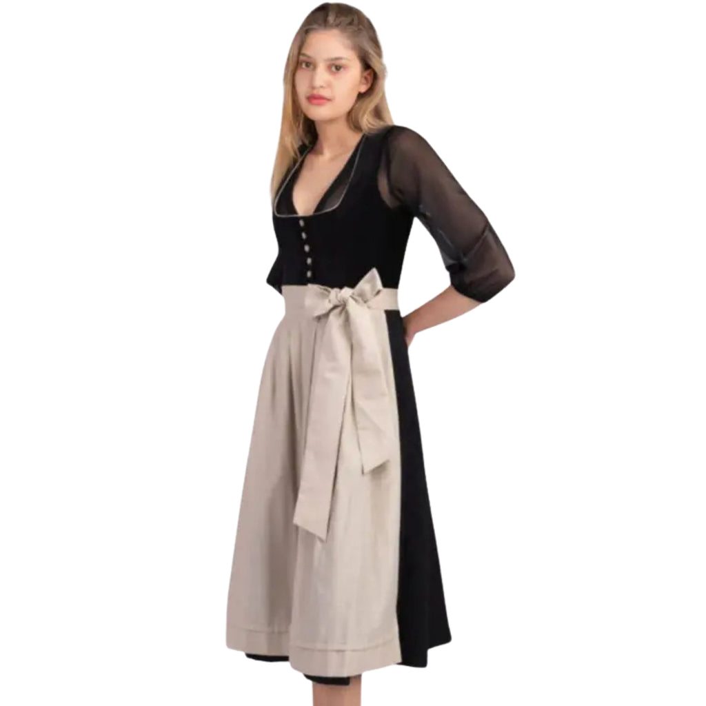 Black V-Neck Dress with Sheer Sleeves and Bow Apron