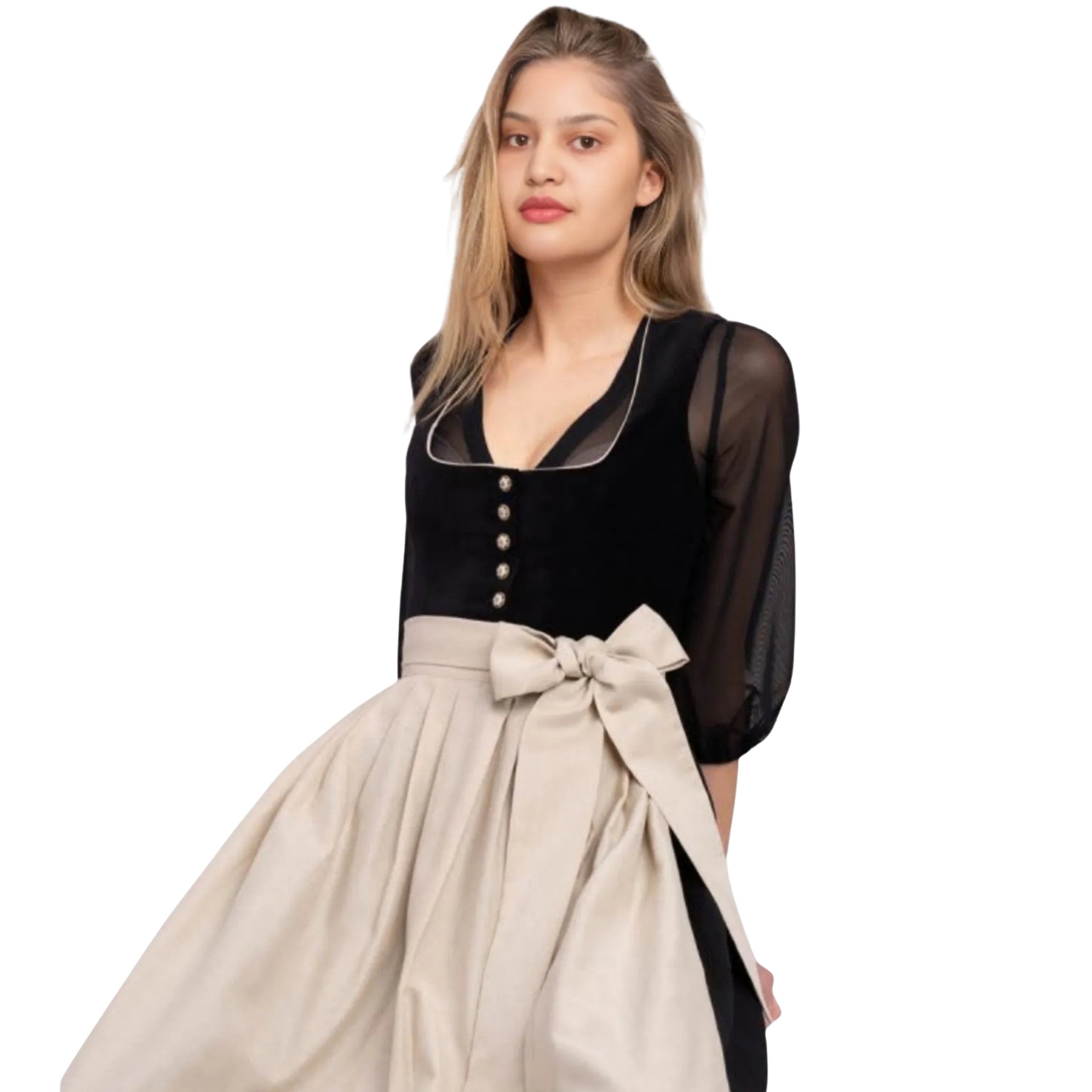 Black V-Neck Dress with Sheer Sleeves and Bow Apron