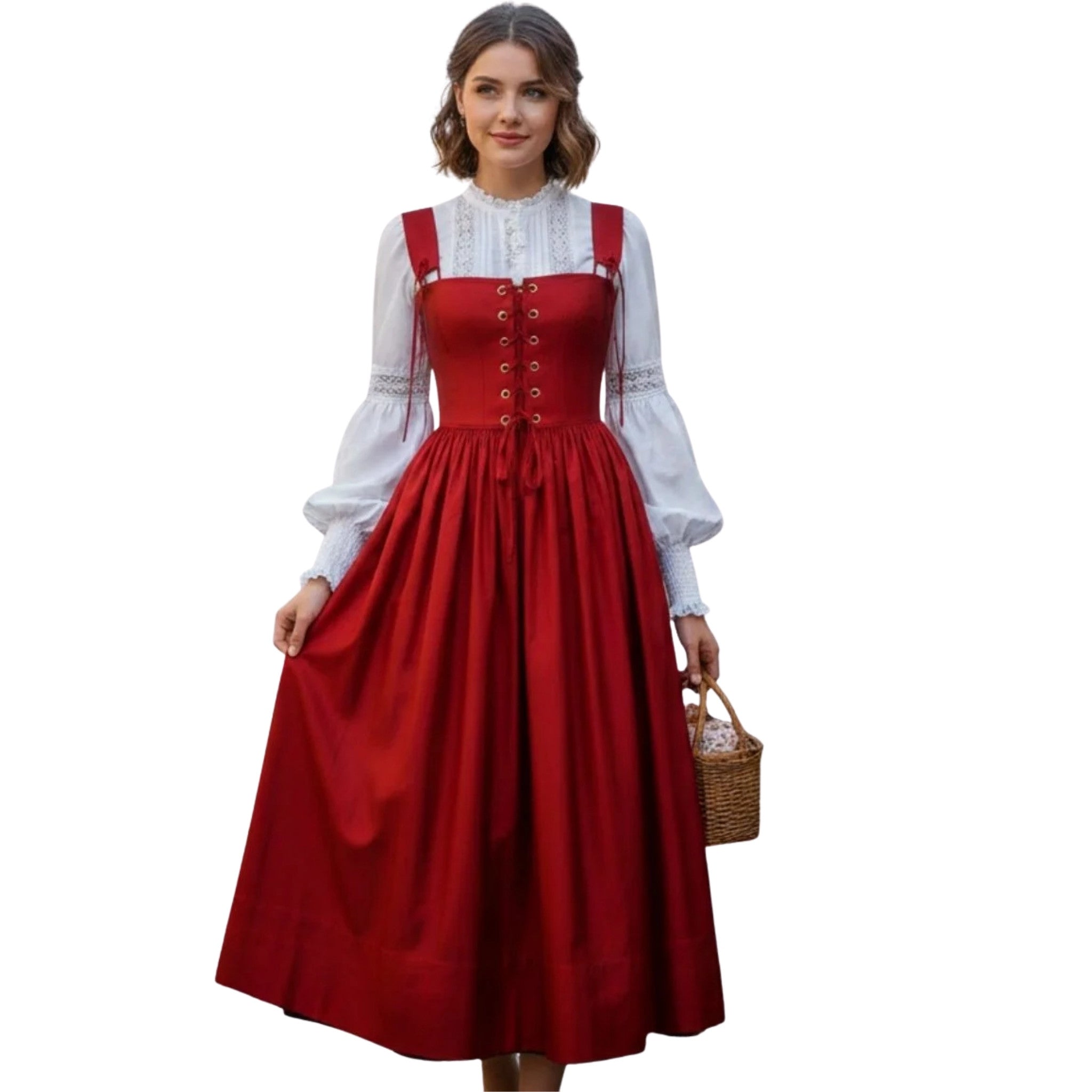 Red Corset Prairie Dress with White Lace Blouse