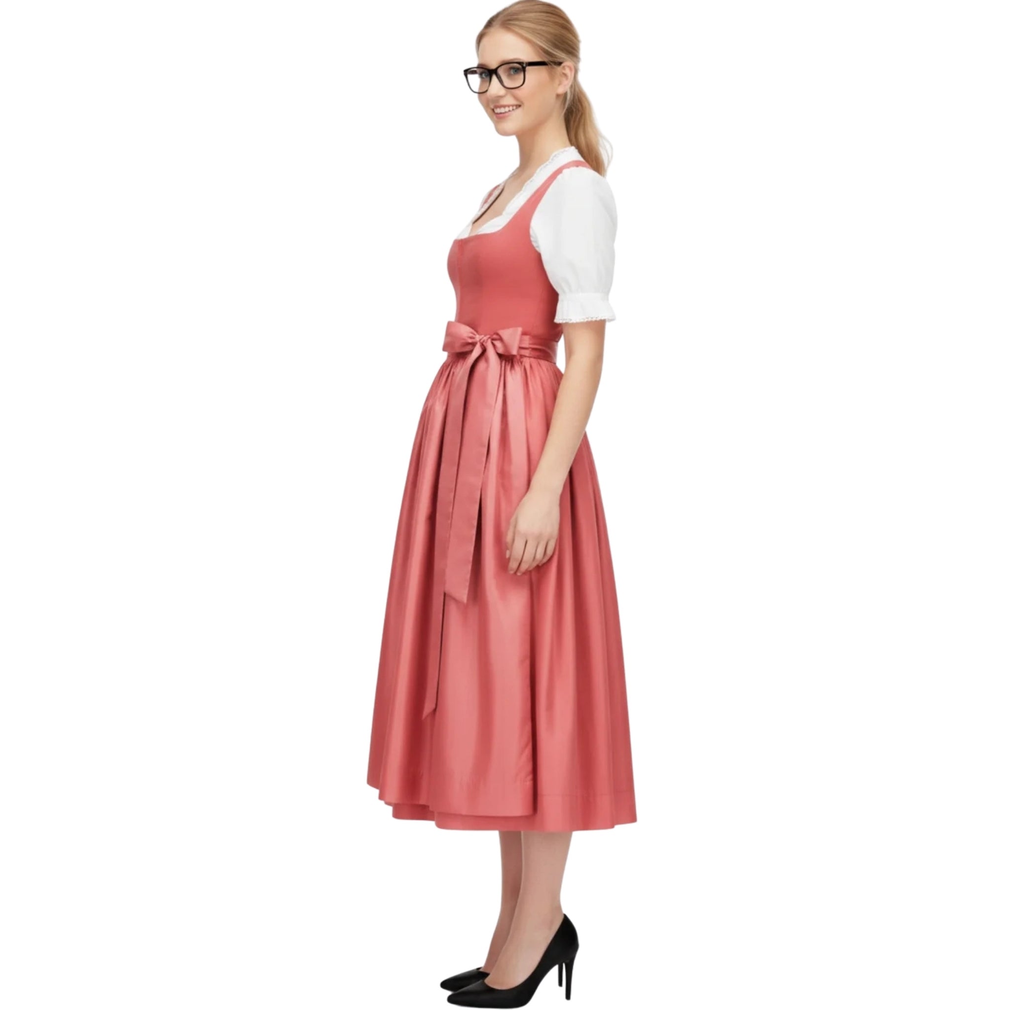 Rose Pink Dirndl Dress with Satin Bow Waist