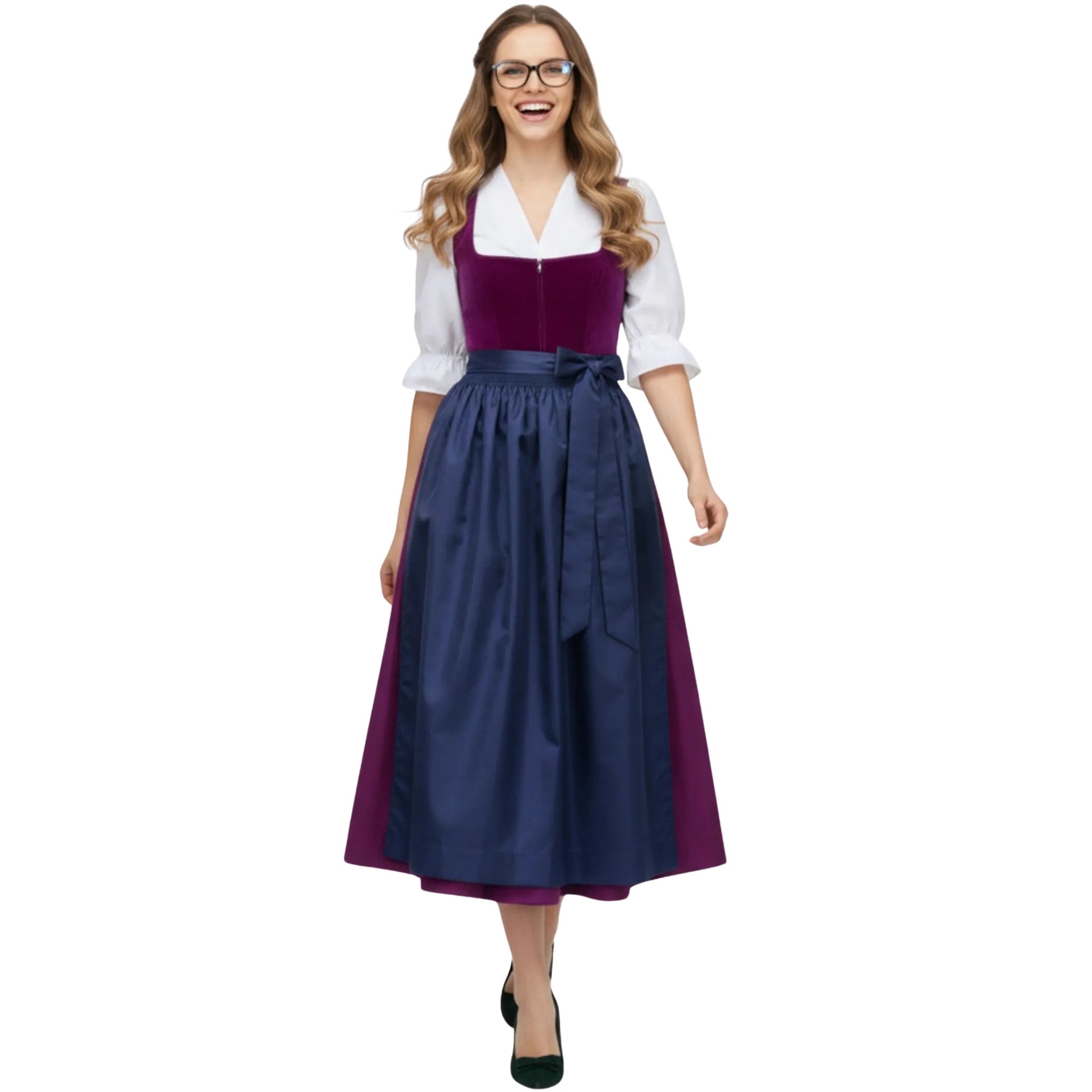 Magenta Velvet Dirndl Dress with Navy Satin Apron