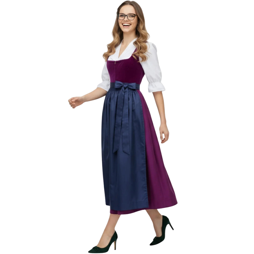 Magenta Velvet Dirndl Dress with Navy Satin Apron