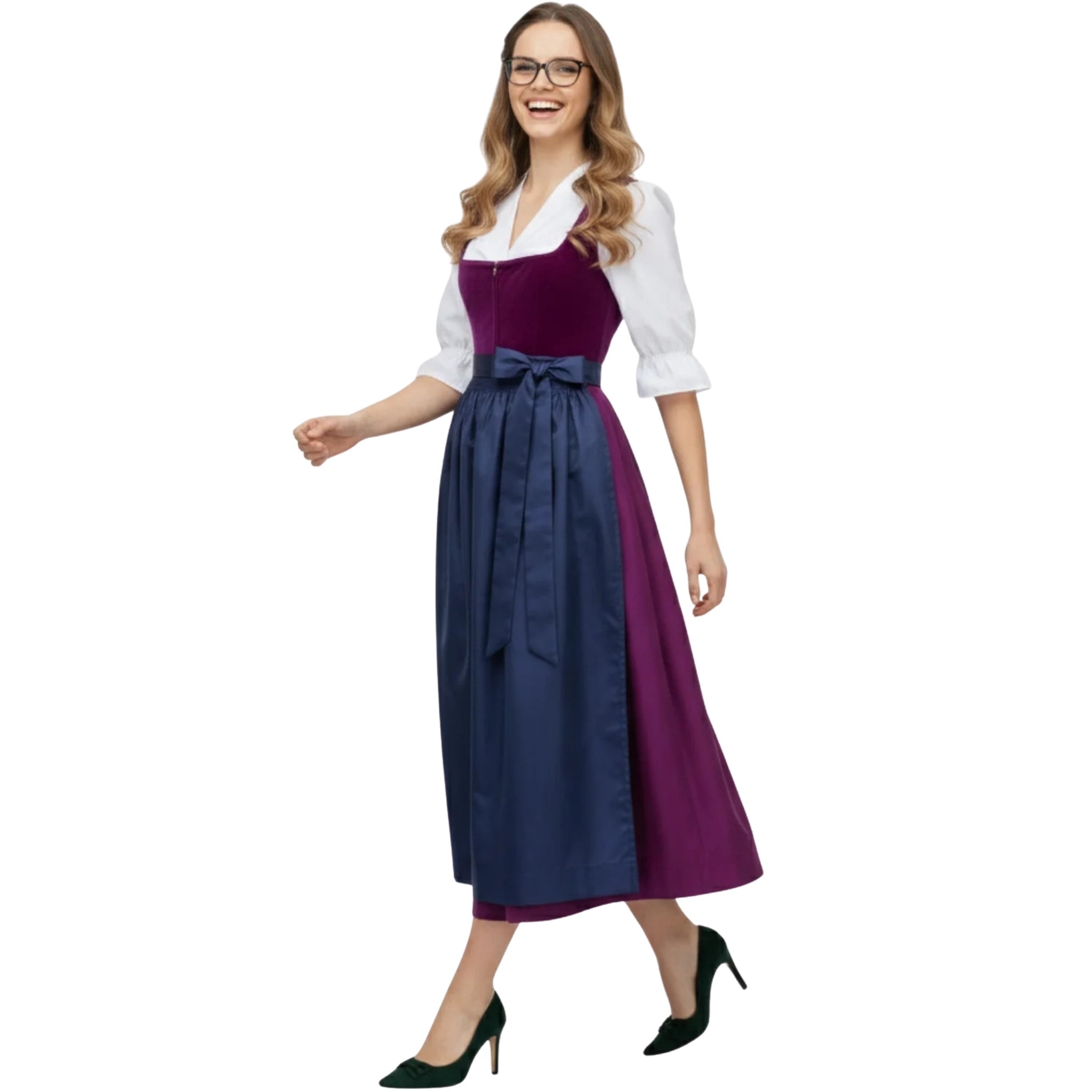 Magenta Velvet Dirndl Dress with Navy Satin Apron