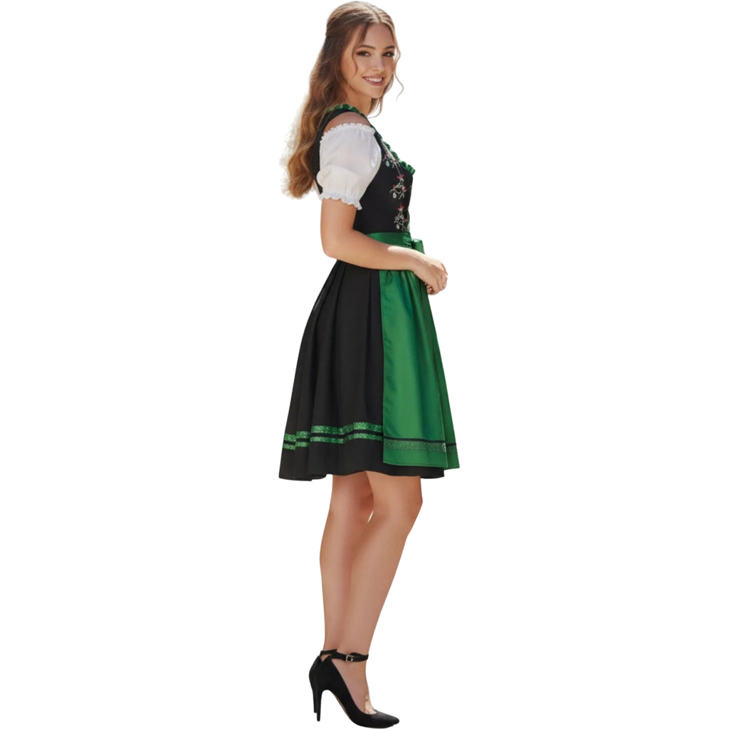 Black Embroidered Dirndl Dress with Green Apron