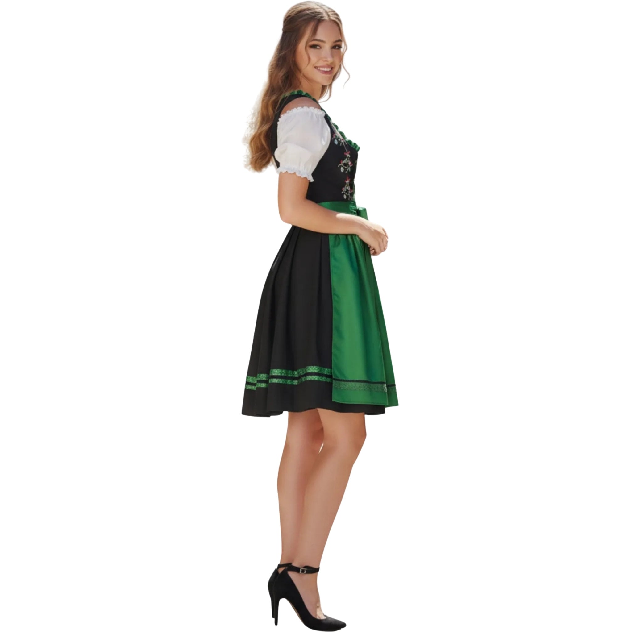 Black Embroidered Dirndl Dress with Green Apron