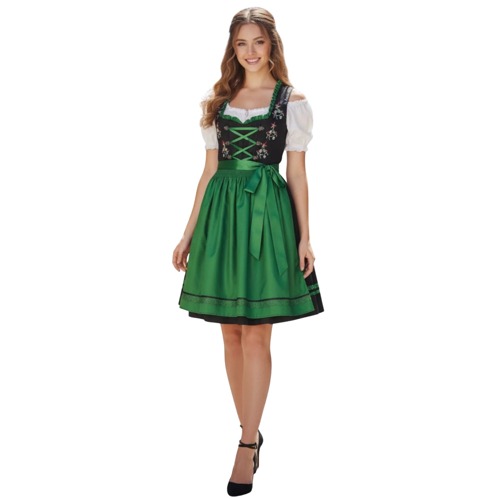 Black Embroidered Dirndl Dress with Green Apron