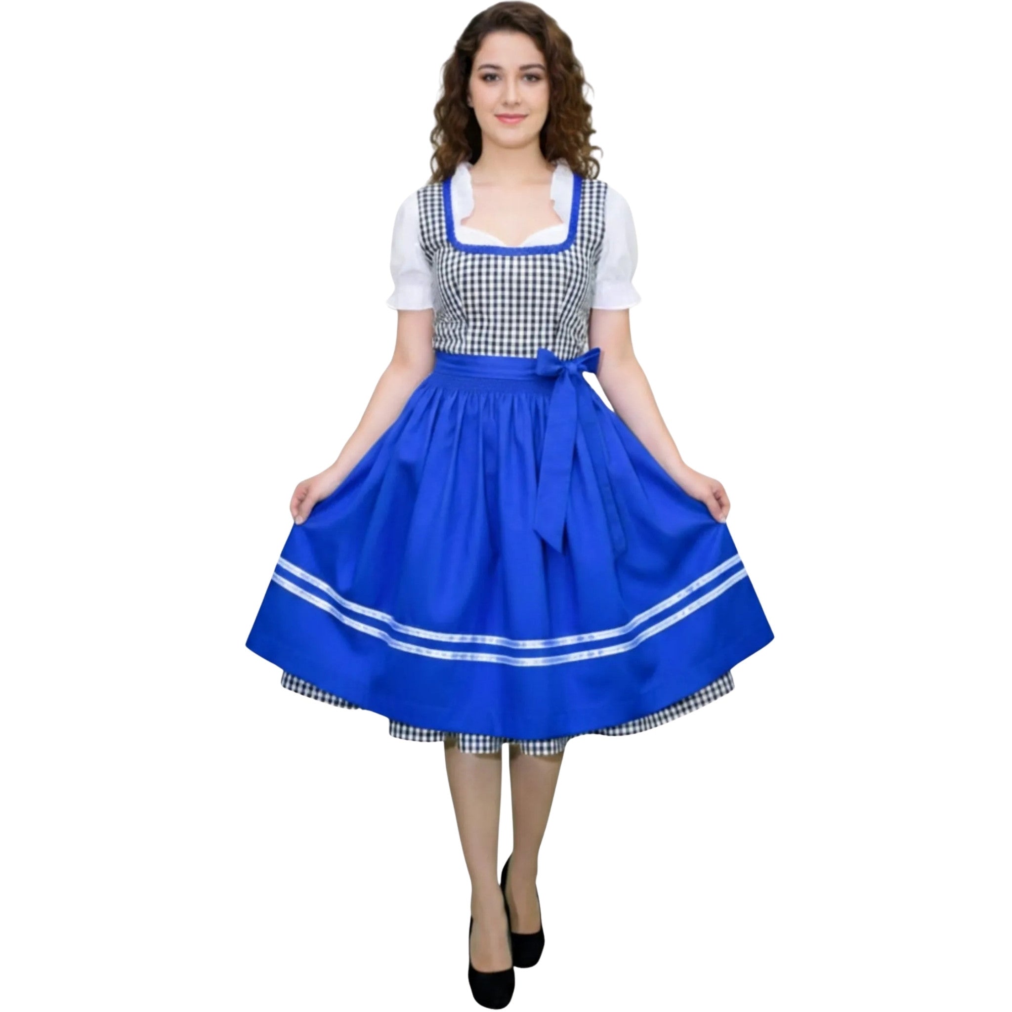 Gingham Dirndl Dress with Royal Blue Apron