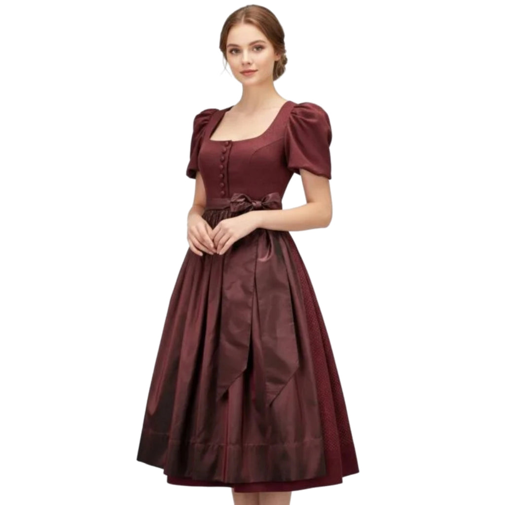 Burgundy Satin Midi Dress with Puff Sleeves and Bow