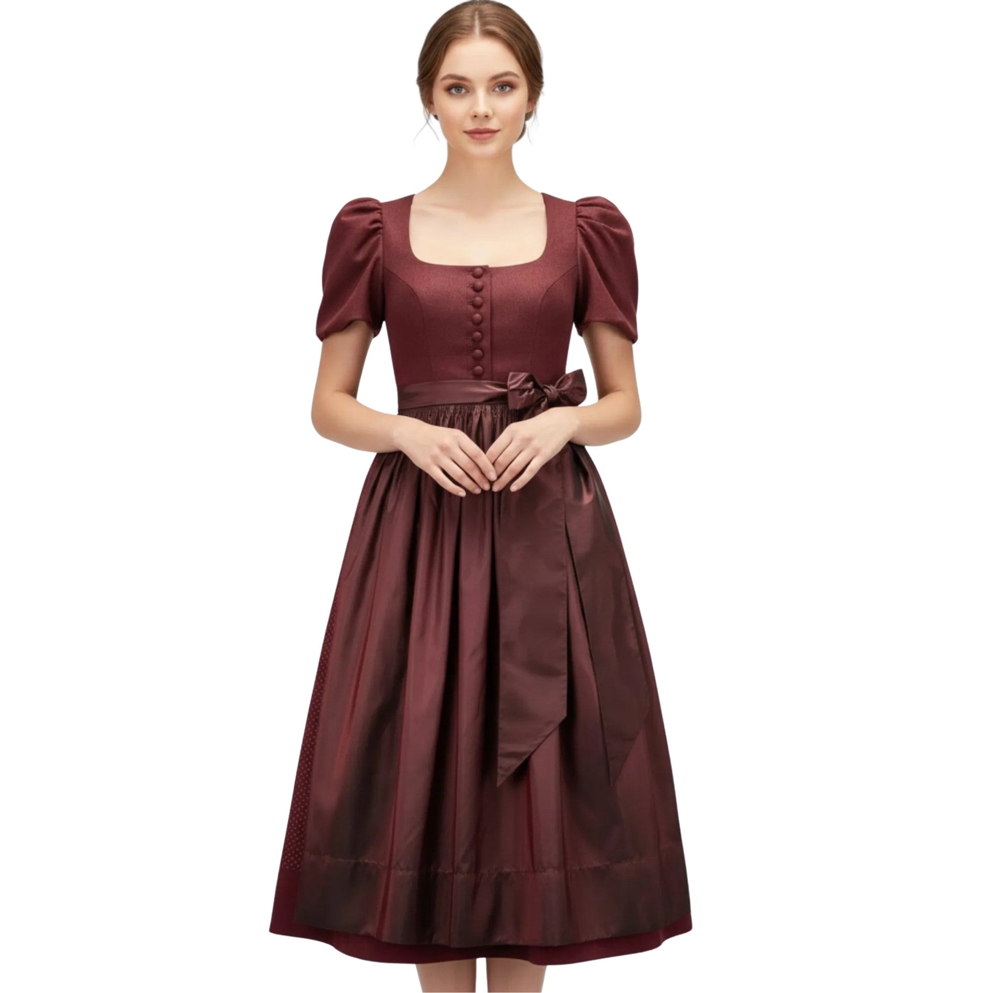 Burgundy Satin Midi Dress with Puff Sleeves and Bow
