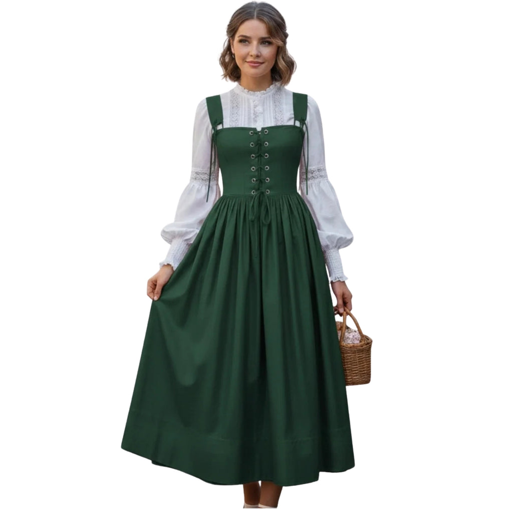 Green Corset Prairie Dress with White Lace Blouse