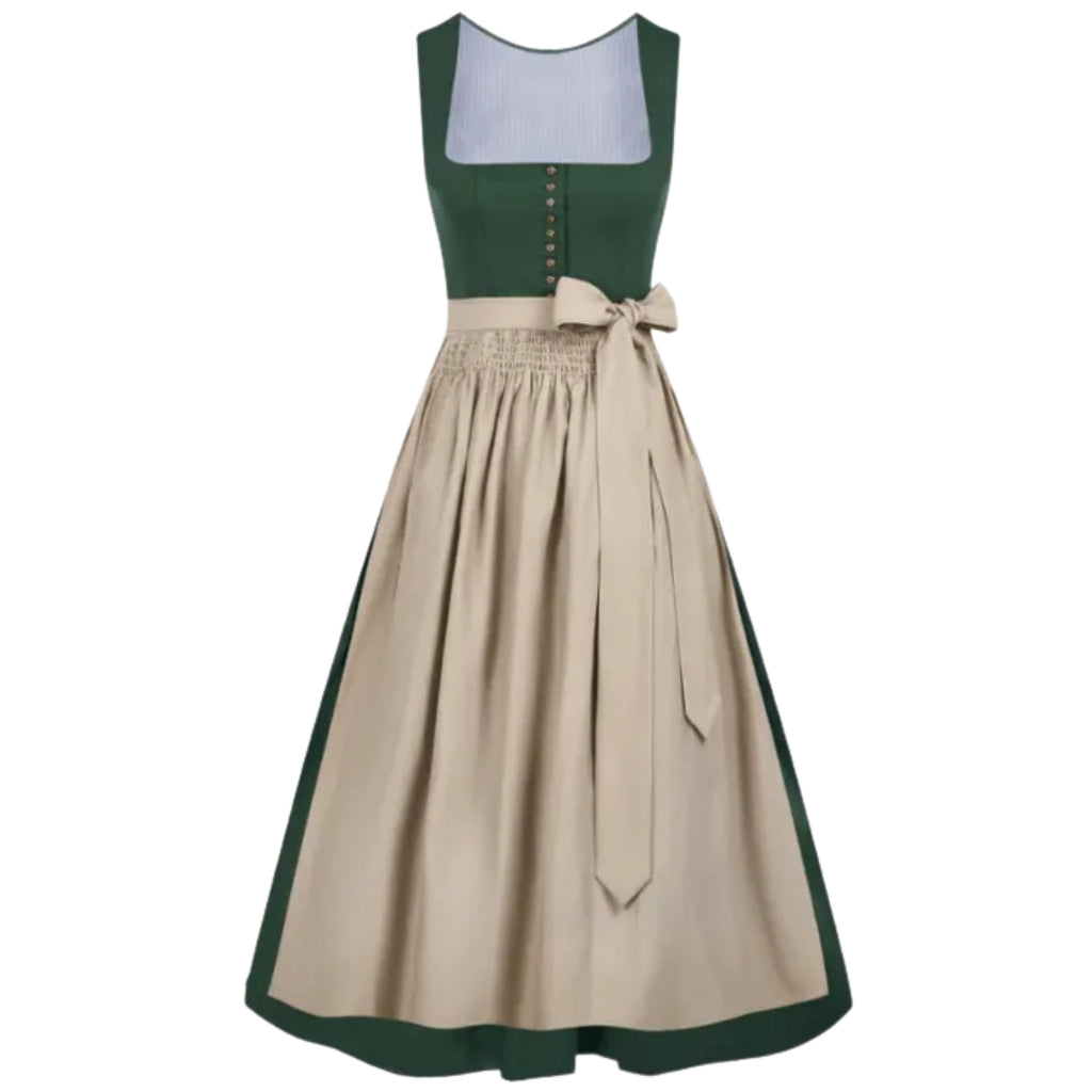 Green Dirndl Dress with Beige Apron and Button Front