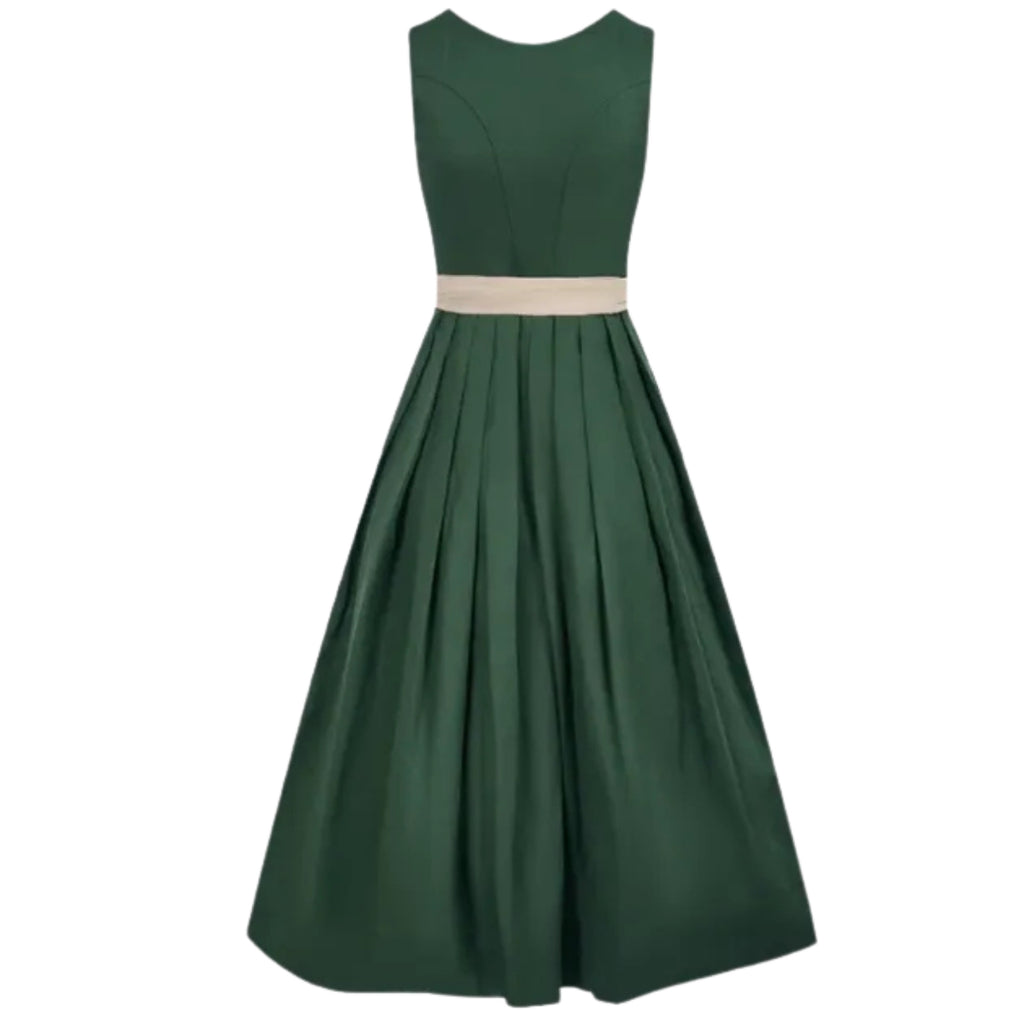 Green Dirndl Dress with Beige Apron and Button Front