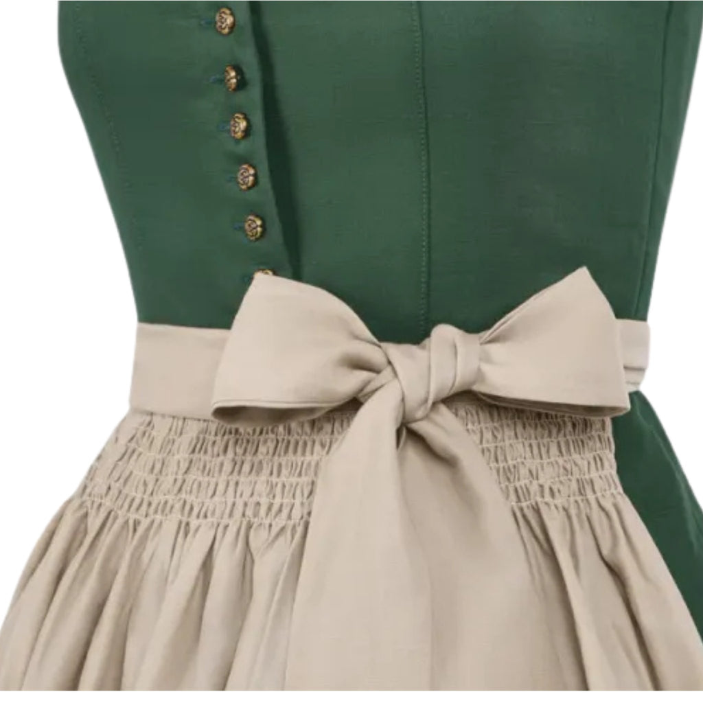 Green Dirndl Dress with Beige Apron and Button Front