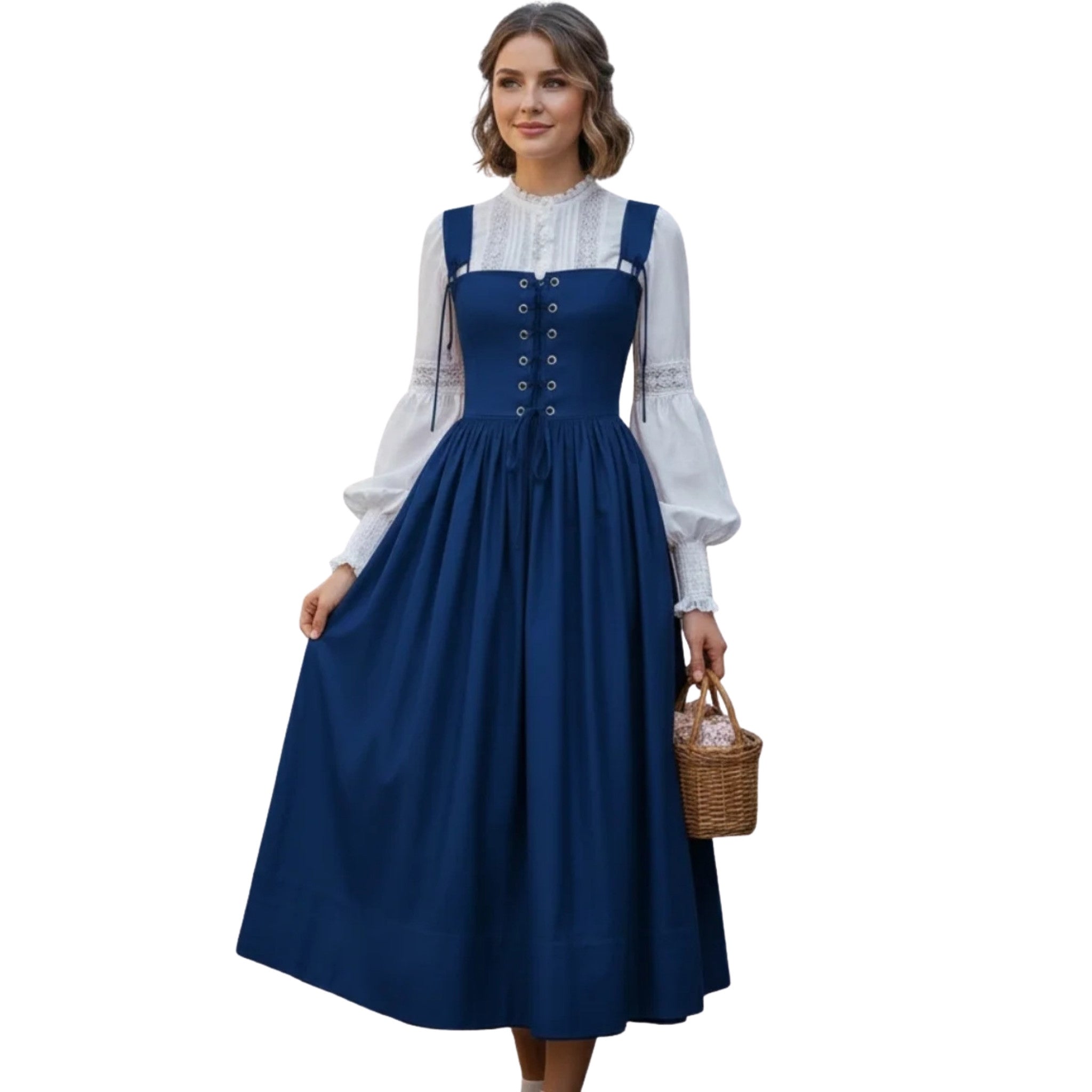 Navy Corset Pinafore Dress with Lace Blouse