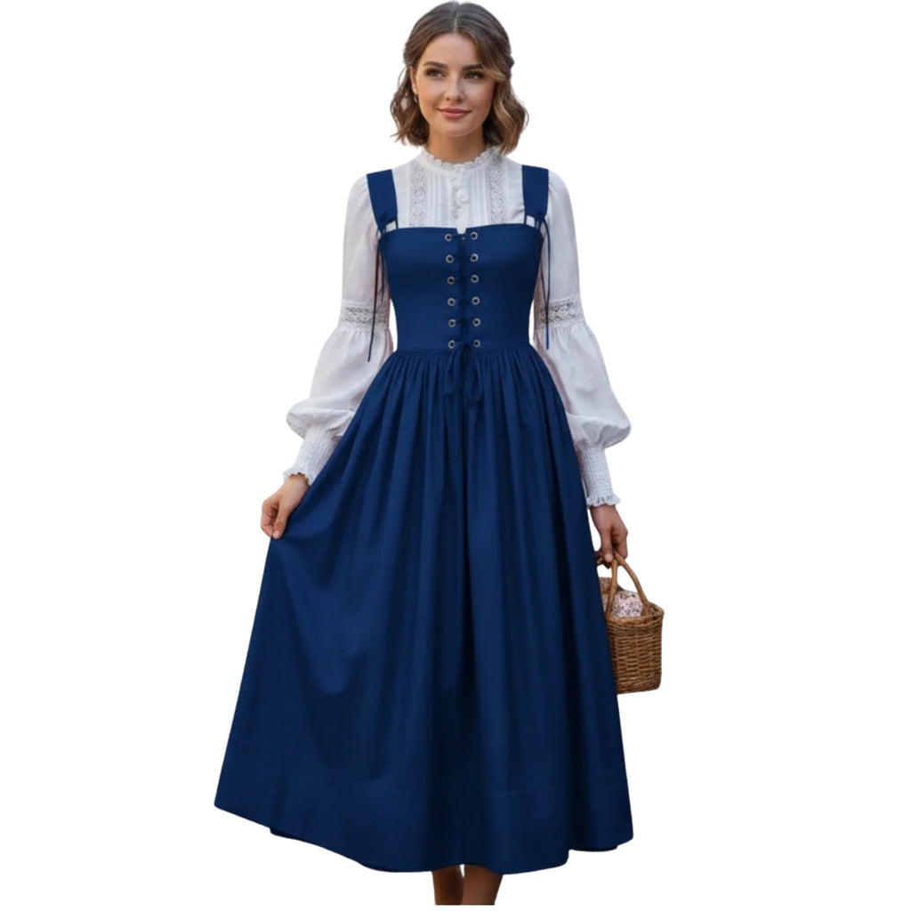 Navy Corset Pinafore Dress with Lace Blouse