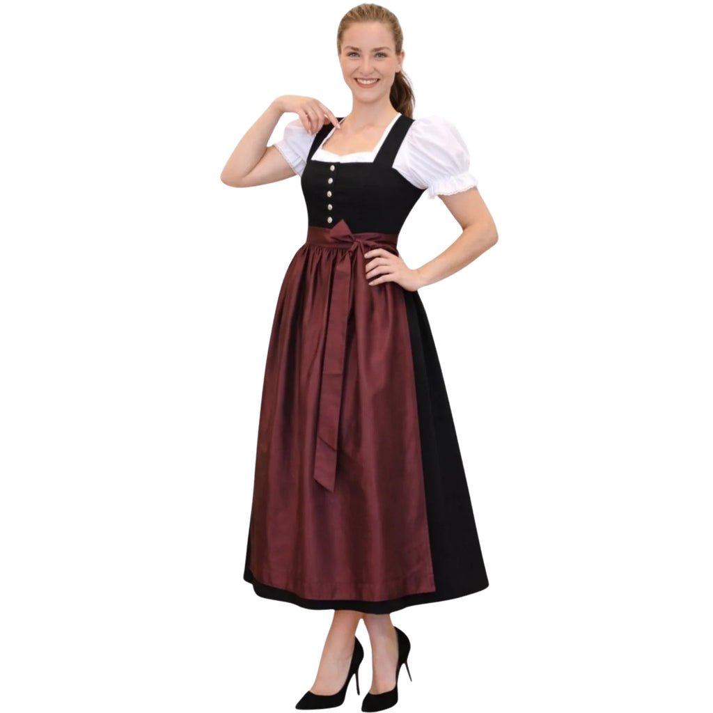 Black Dirndl Dress with Burgundy Satin Apron