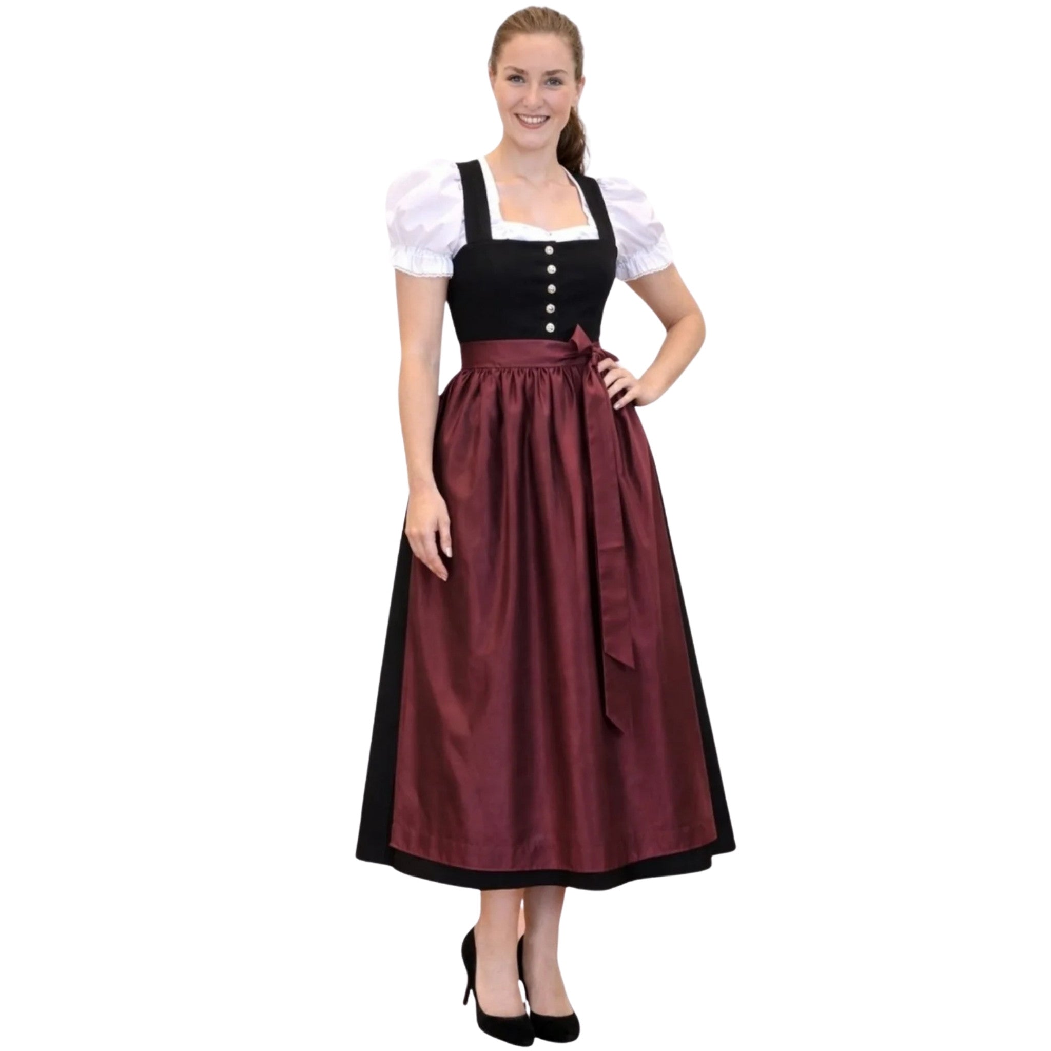 Black Dirndl Dress with Burgundy Satin Apron