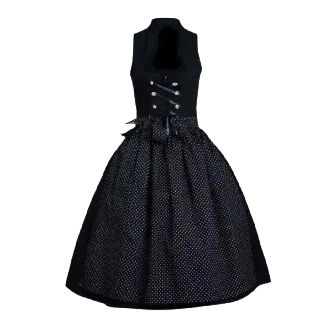 Black Dirndl Dress with Lace-Up Bodice and Dot Skirt