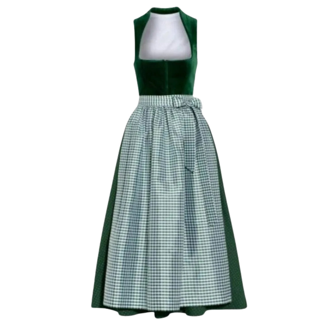 Green Velvet Dirndl Dress with Checkered Apron