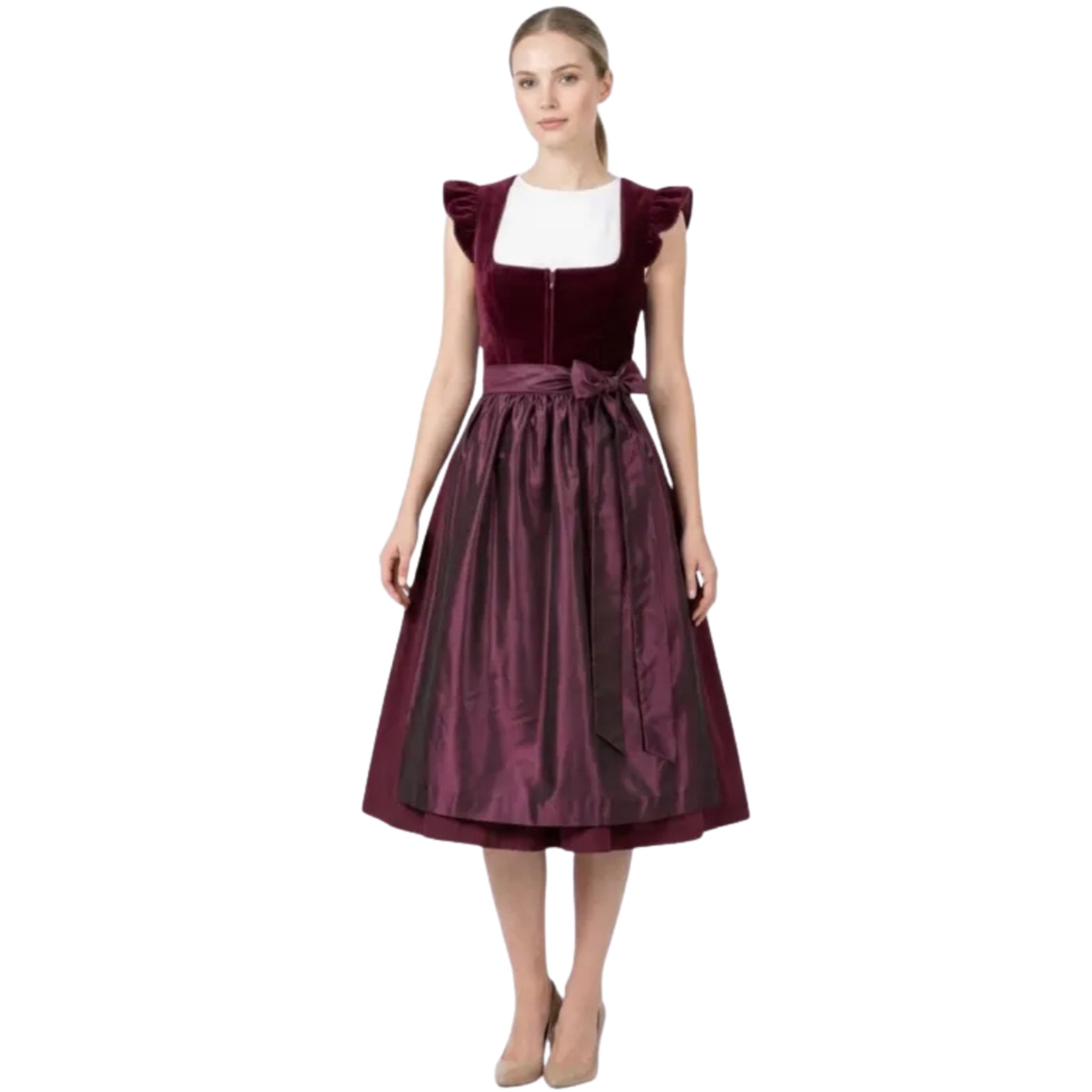 Plum Velvet Dirndl Dress with Ruffle Sleeves