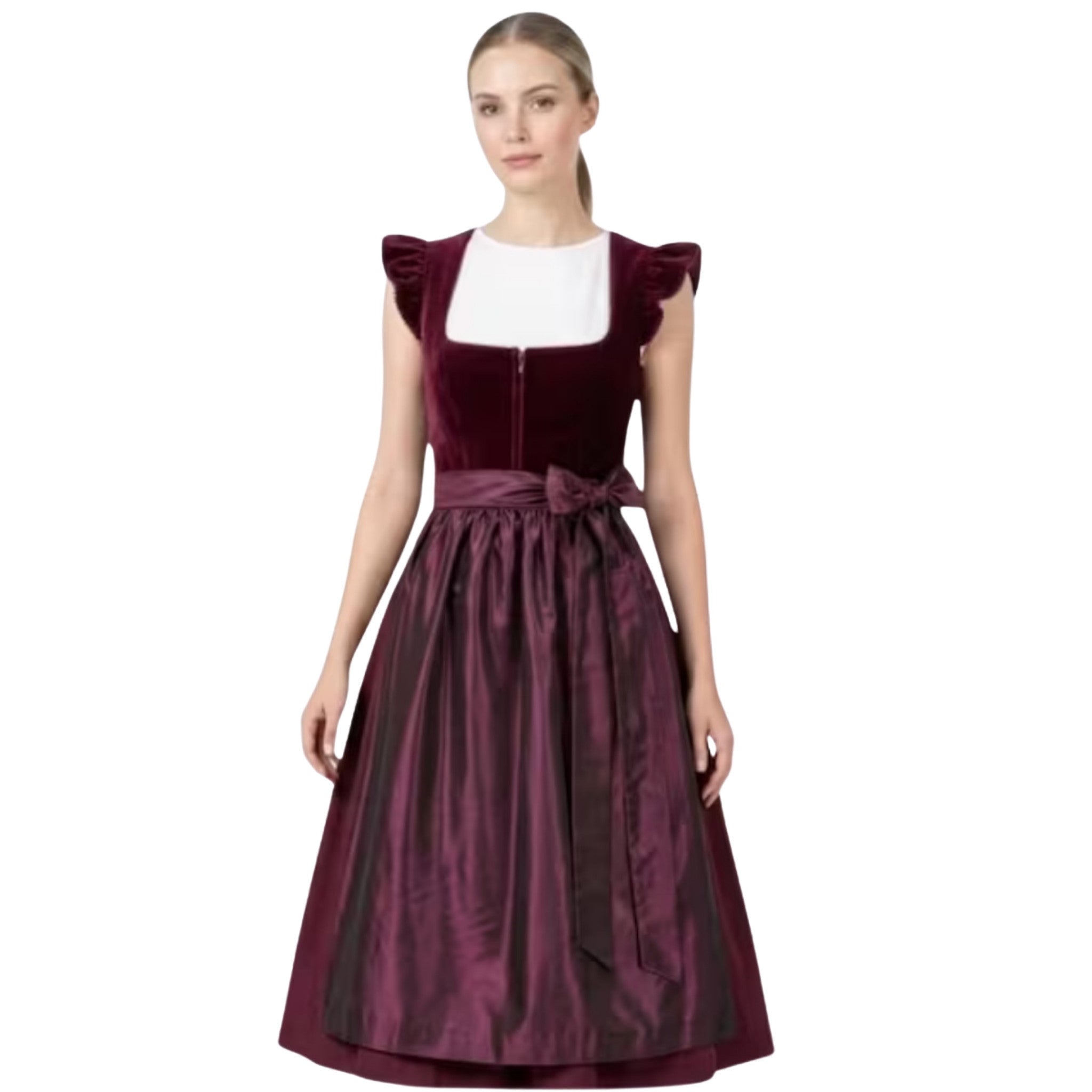 Plum Velvet Dirndl Dress with Ruffle Sleeves