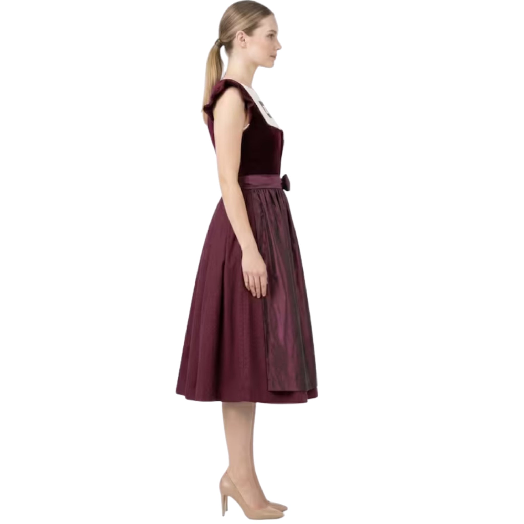 Plum Velvet Dirndl Dress with Ruffle Sleeves