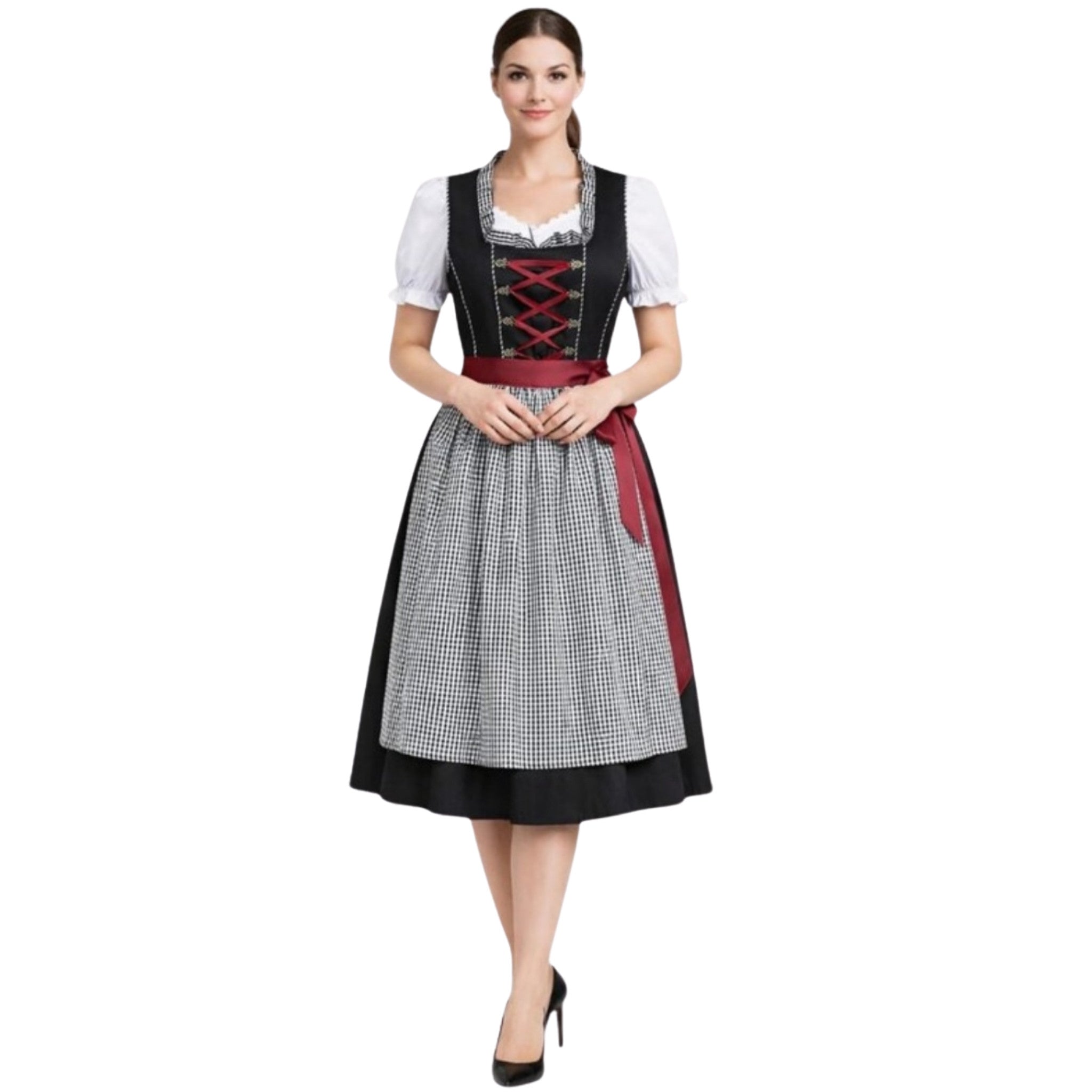 Black Dirndl Dress with Red Lace-Up Bodice