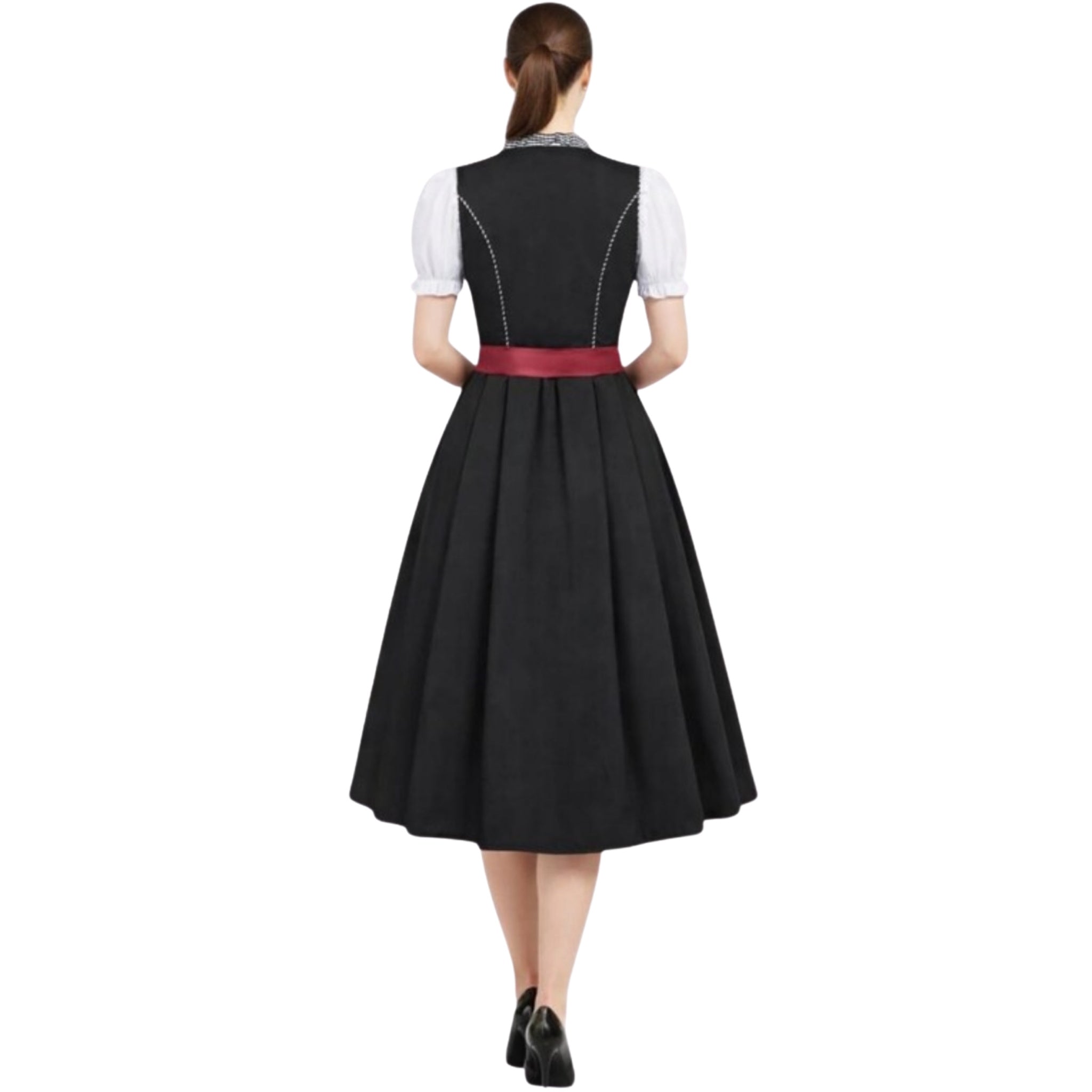 Black Dirndl Dress with Red Lace-Up Bodice
