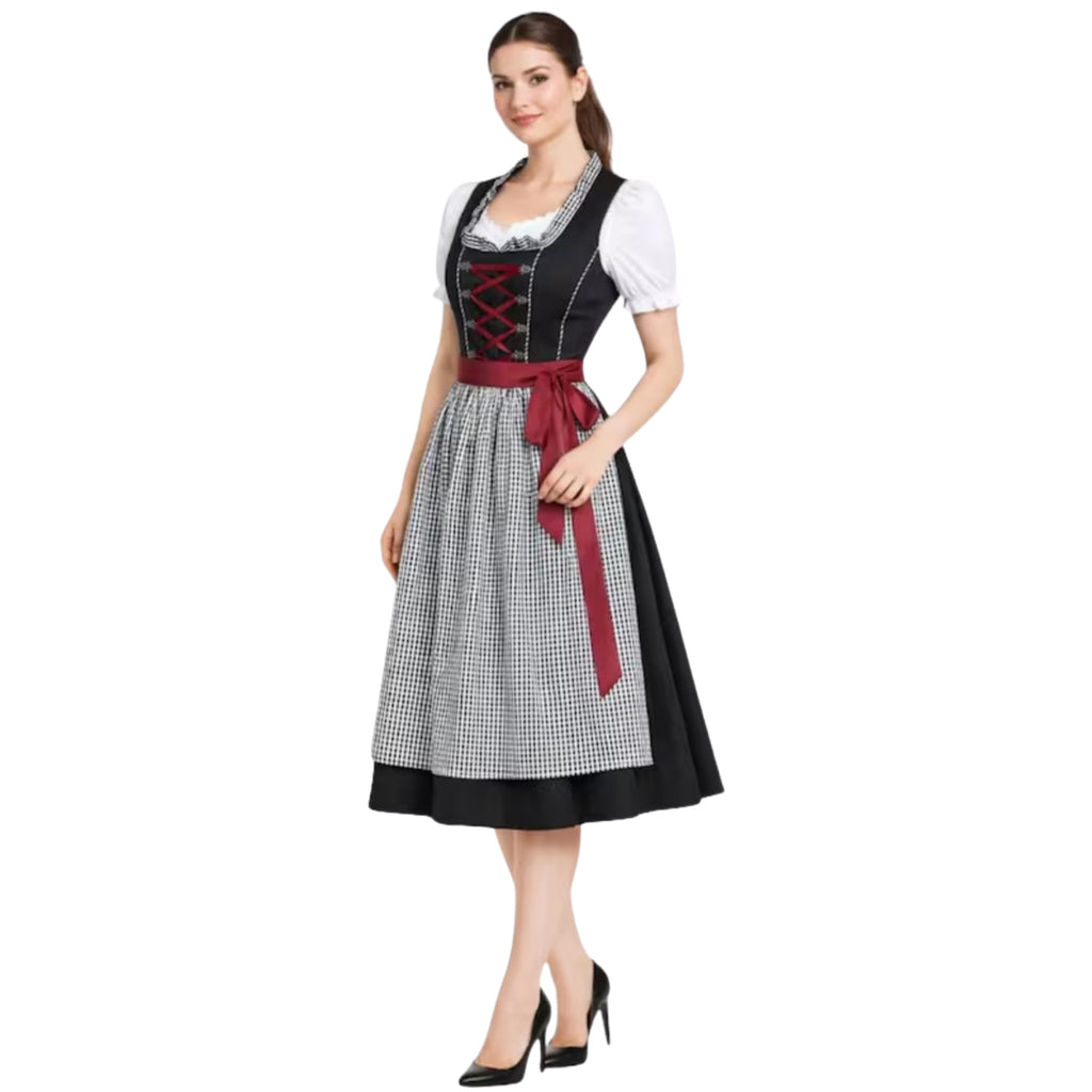 Black Dirndl Dress with Red Lace-Up Bodice