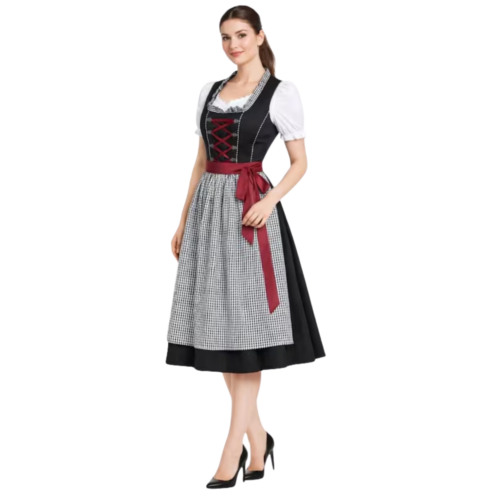 Black Dirndl Dress with Red Lace-Up Bodice