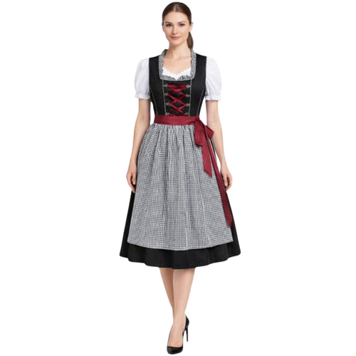 Black Dirndl Dress with Red Lace-Up Bodice