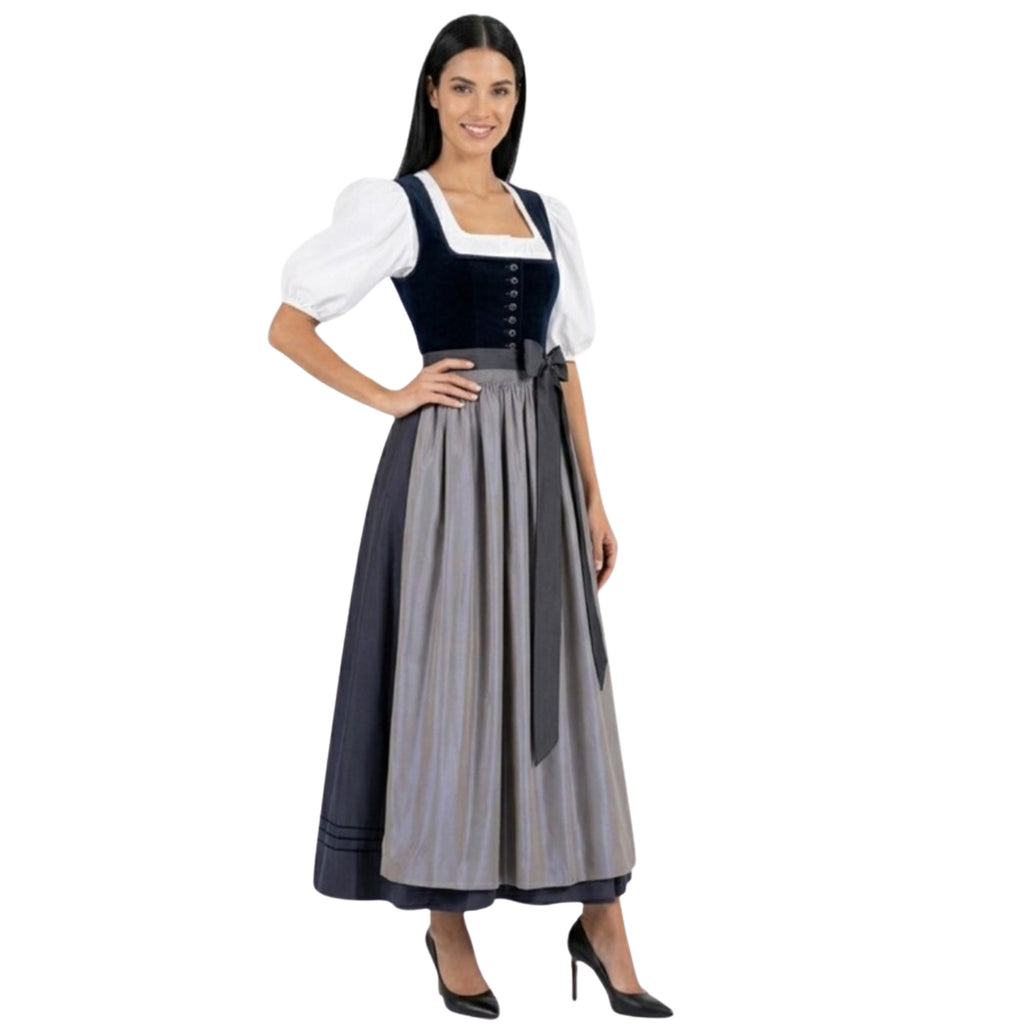 Navy Velvet Dirndl Dress with Grey Satin Apron