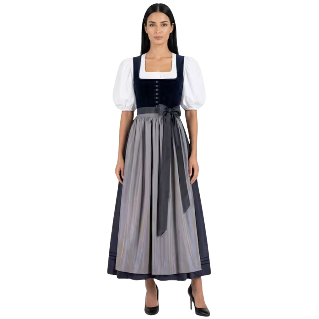 Navy Velvet Dirndl Dress with Grey Satin Apron