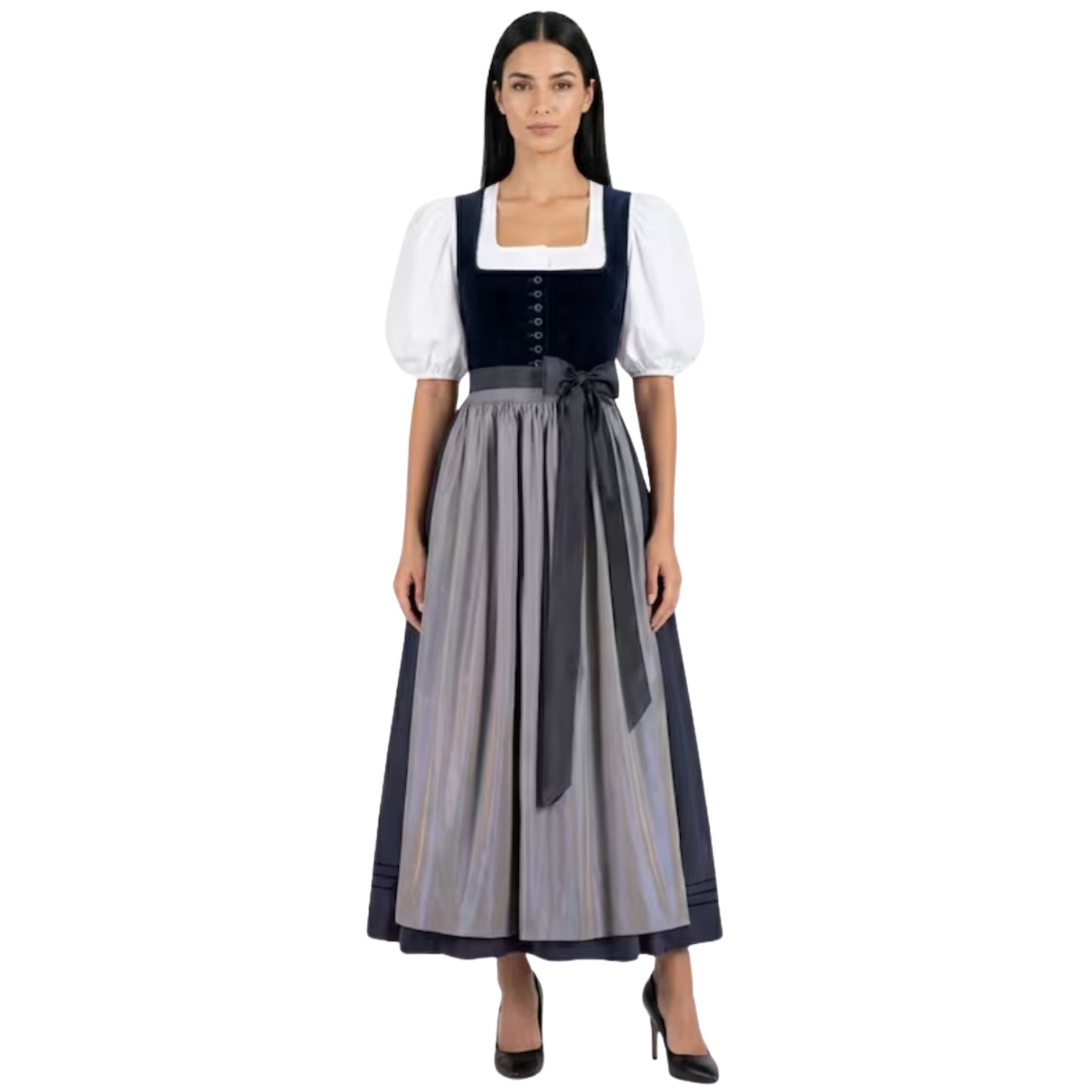 Navy Velvet Dirndl Dress with Grey Satin Apron