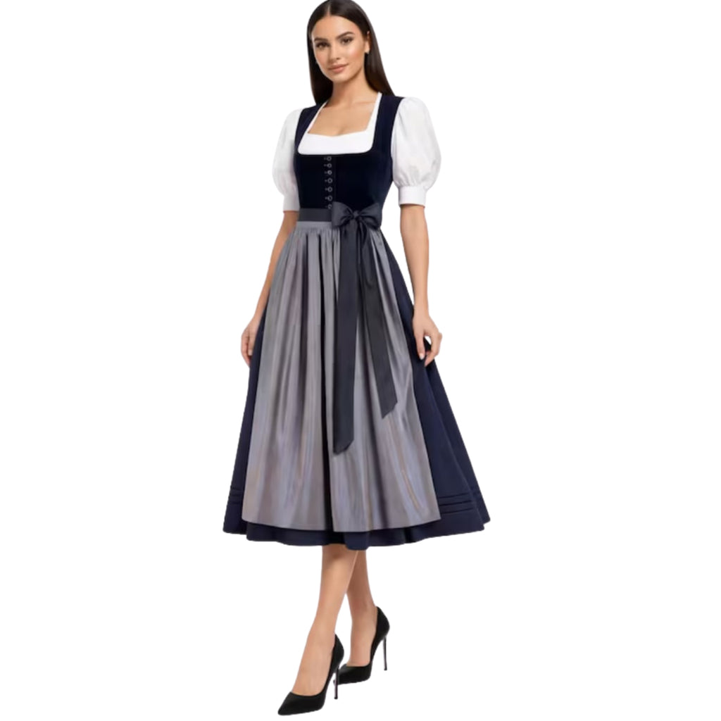 Navy Velvet Dirndl Dress with Grey Satin Apron