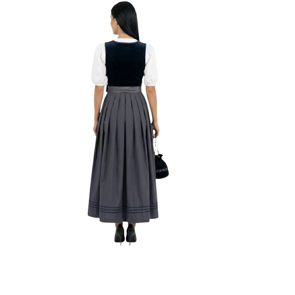 Navy Velvet Dirndl Dress with Grey Satin Apron
